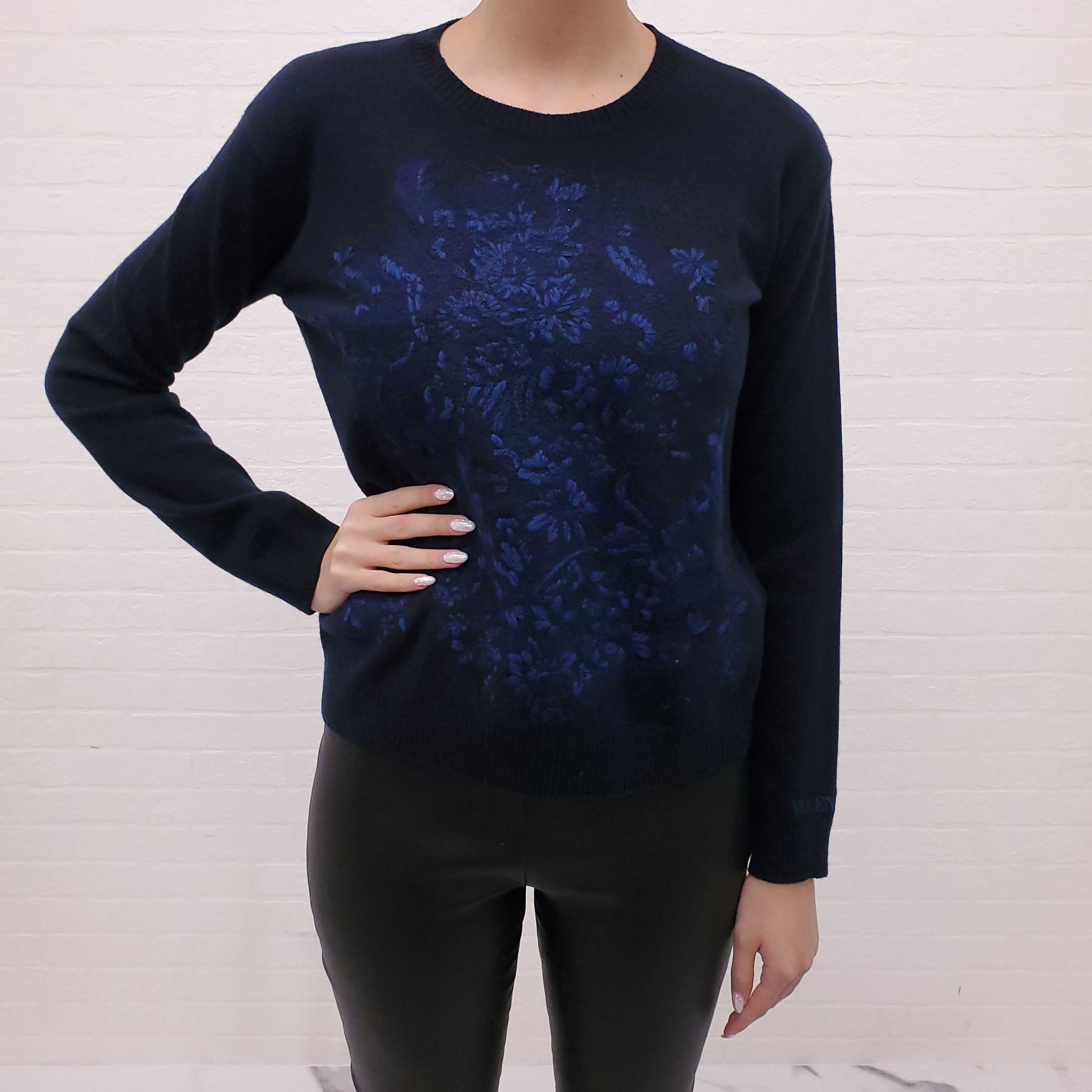 VALENTINO NAVY FLORAL EMBROIDERED CREWNECK SWEATER - SIZE S