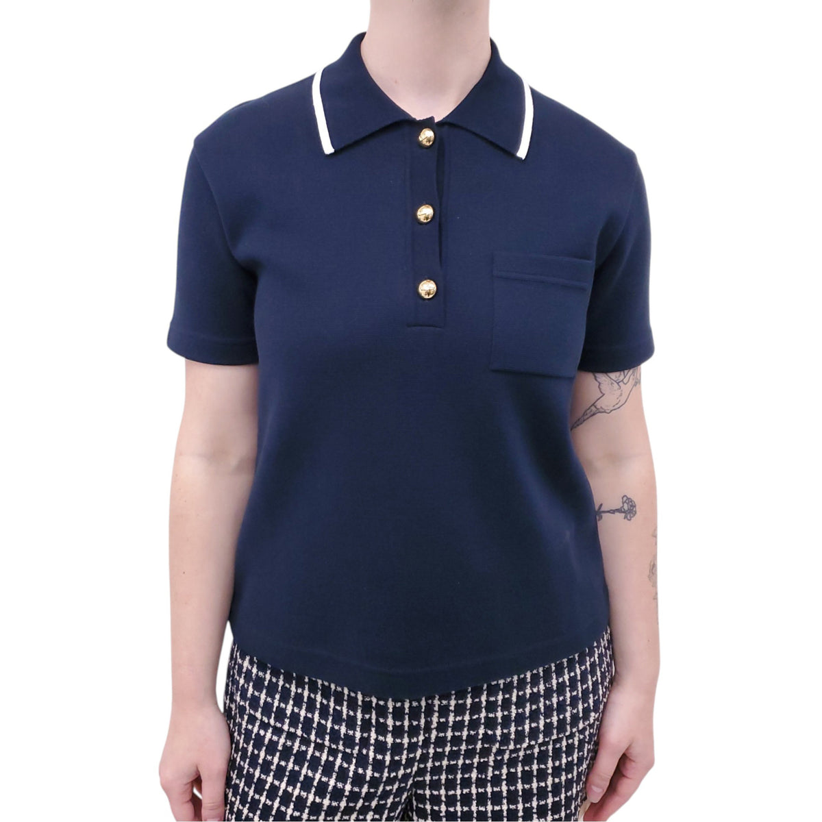 VALENTINO NAVY GOLD V LOGO BUTTON POLO SHIRT - SIZE L
