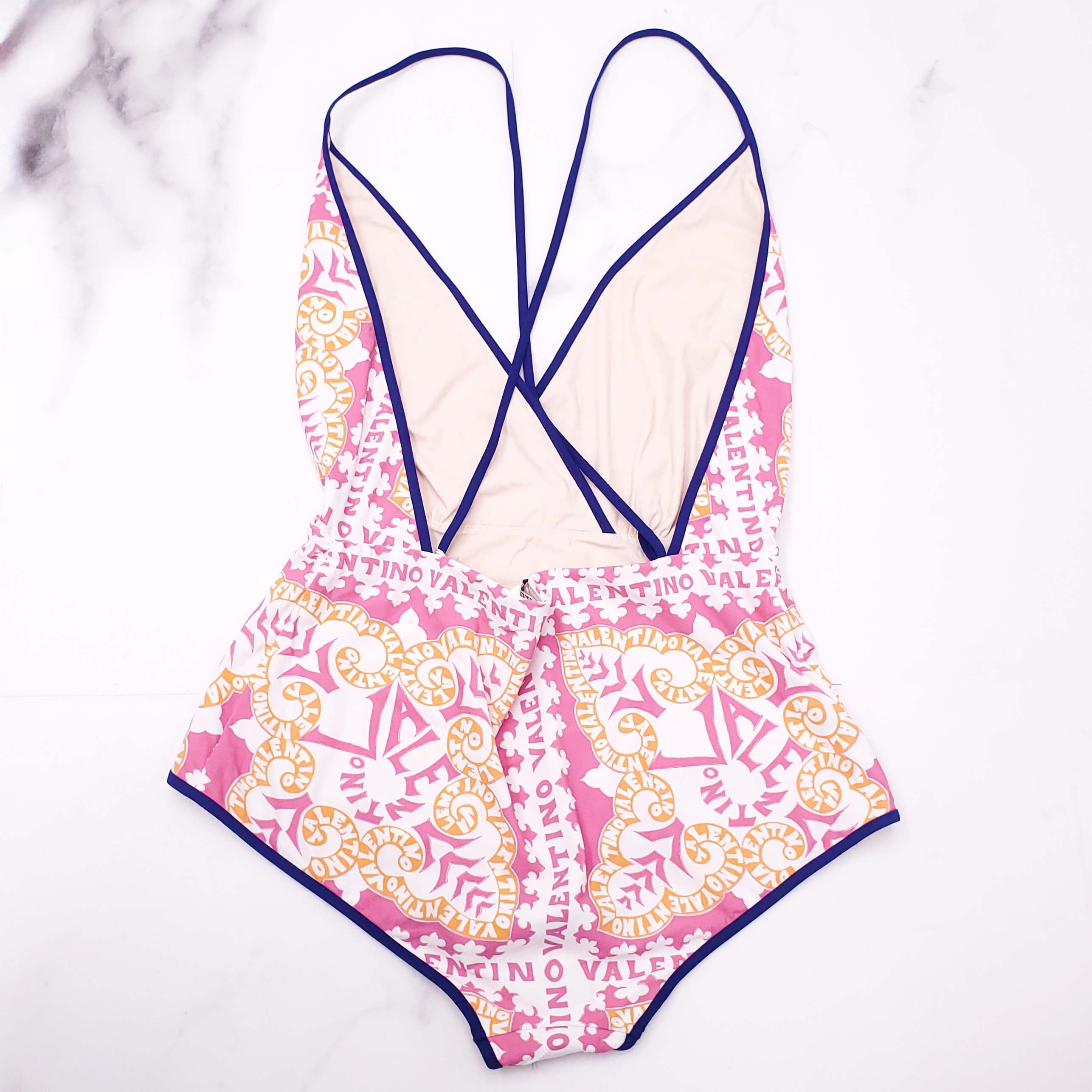 VALENTINO PINK AND ORANGE LOGO PATTERNED SWIMSUIT WITH PURPLE PIPING - SIZE L