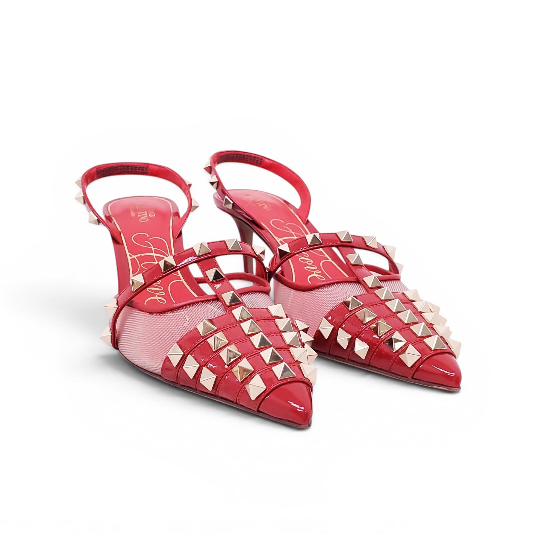 VALENTINO RED ALCOVE ROCKSTUD HEELS WITH MESH DETAIL - SIZE 39