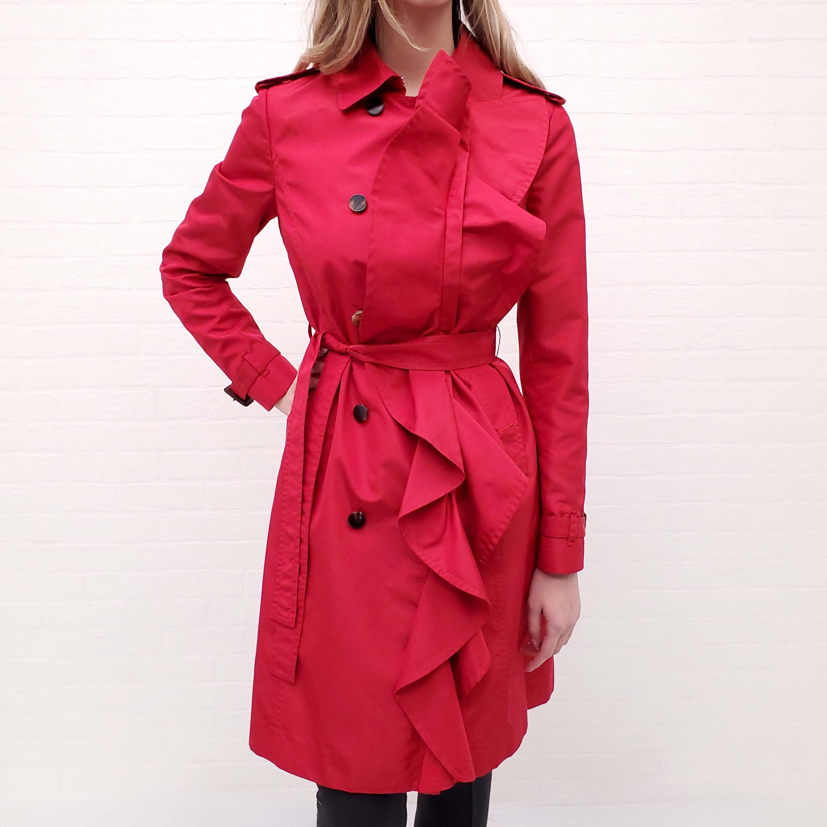 VALENTINO RED TRENCH COAT WITH RUFFLE DETAIL - SIZE 42
