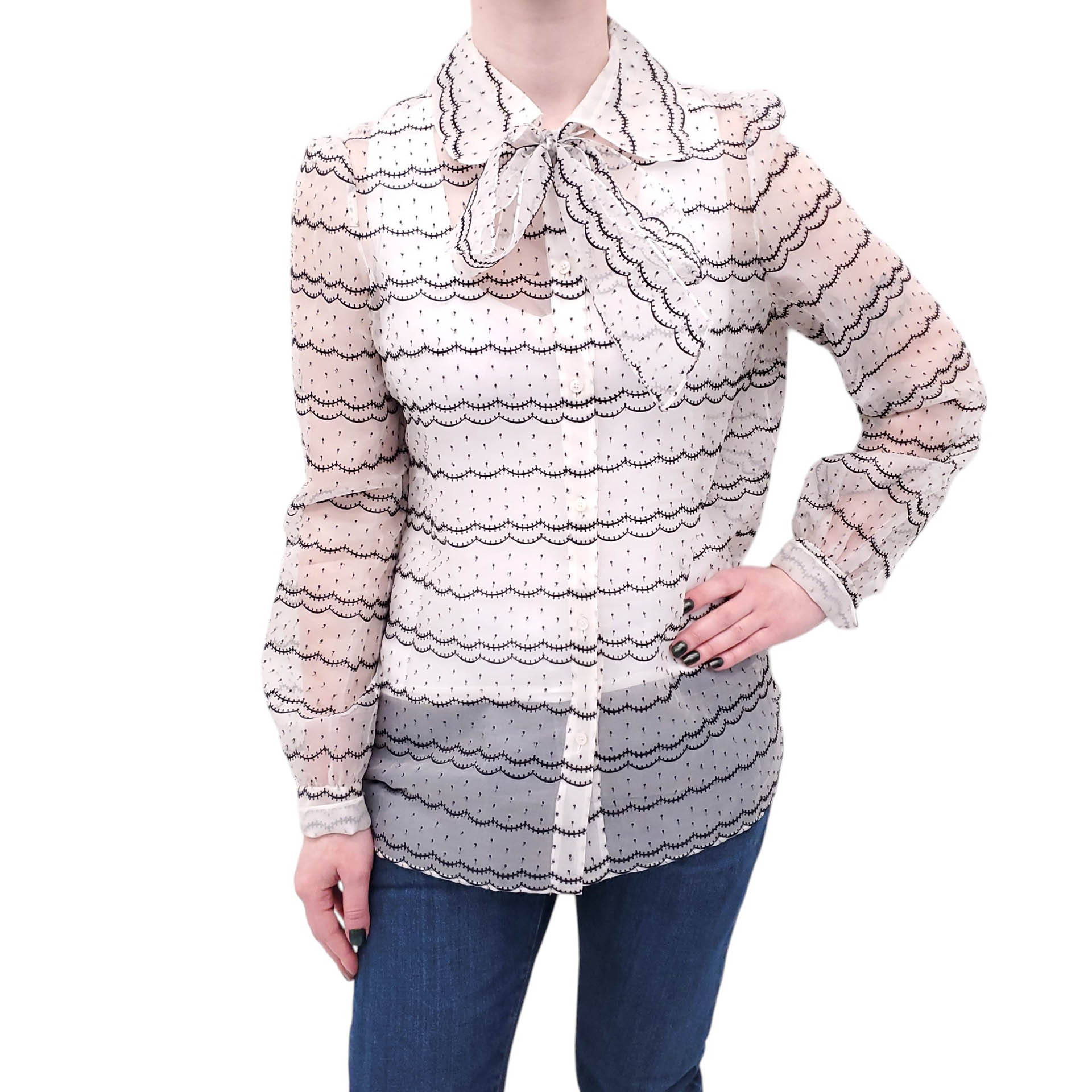 VALENTINO SHEER SILK POLKA DOT BLOUSE - SIZE M