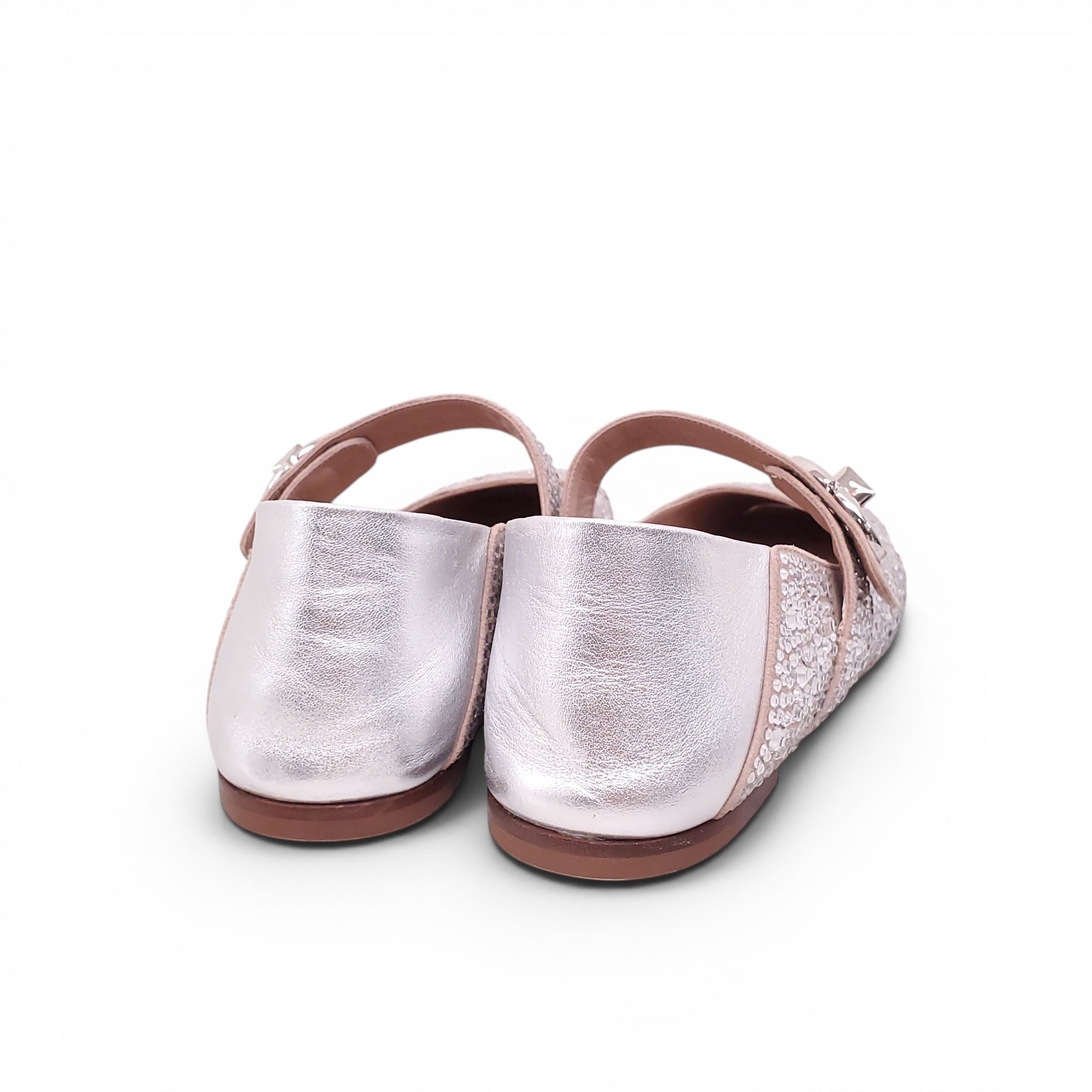 VALENTINO SILVER CRYSTAL MARYJANE FLATS WITH LOGO - SIZE 39