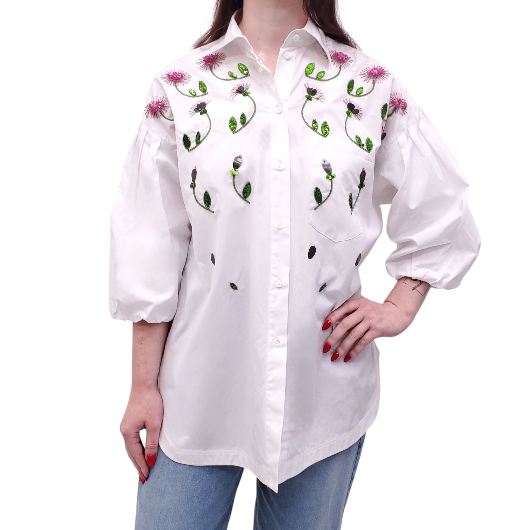 VALENTINO WHITE BLOUSE WITH EMBROIDERED BEADED FLORAL PATTERN - SIZE 42