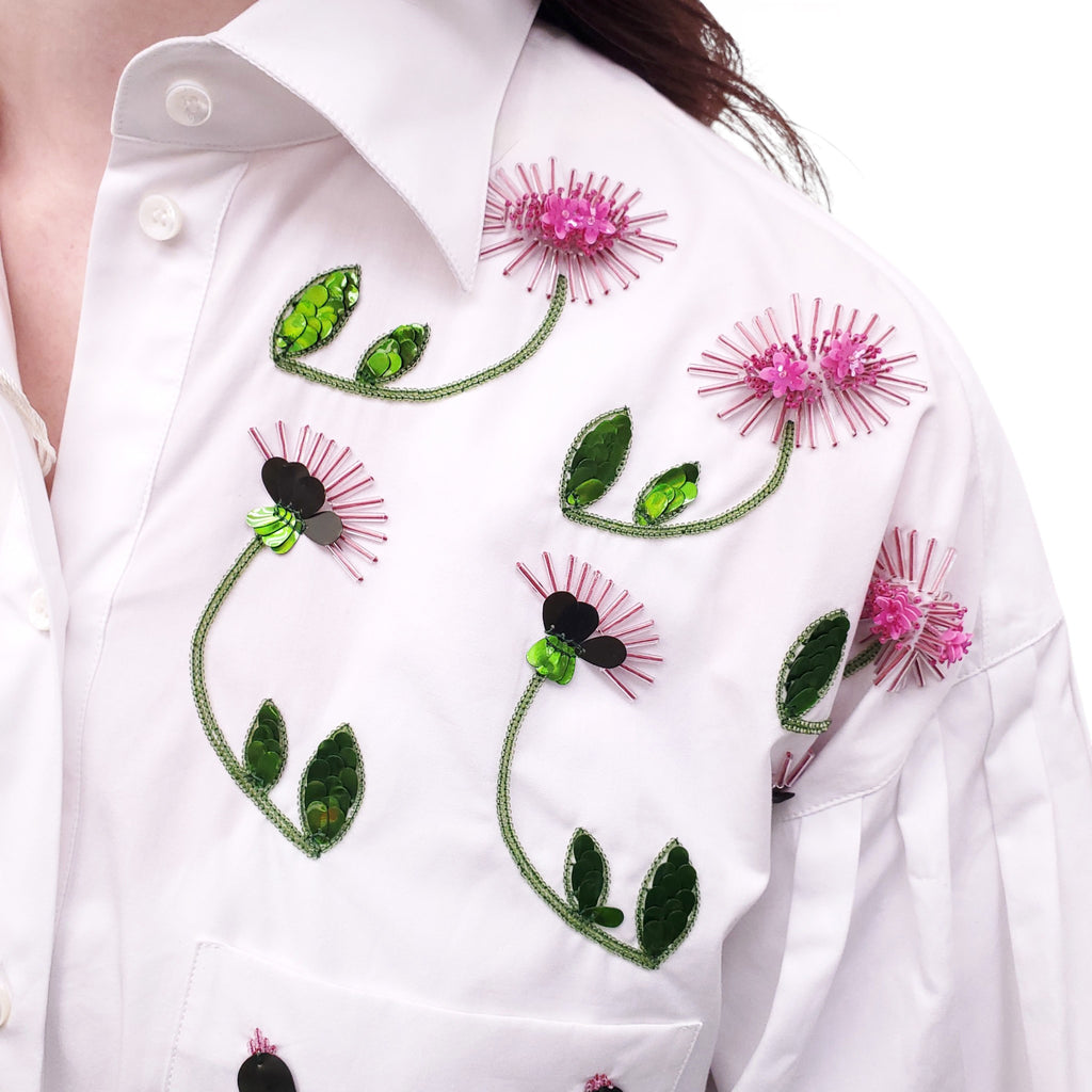 VALENTINO WHITE BLOUSE WITH EMBROIDERED BEADED FLORAL PATTERN - SIZE 42