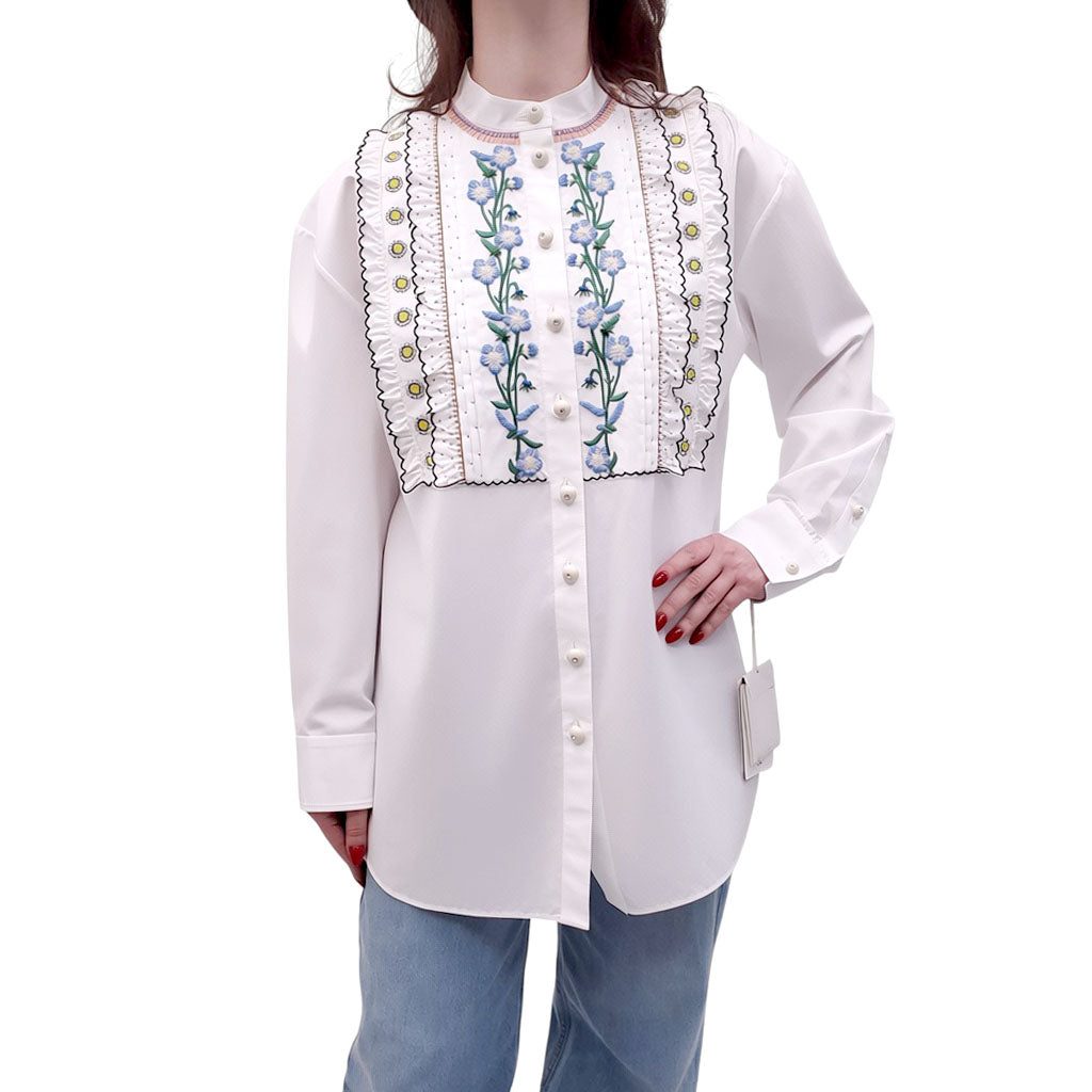 VALENTINO WHITE RUFFLE FLORAL EMBROIDERED COTTON BLOUSE - SIZE 44