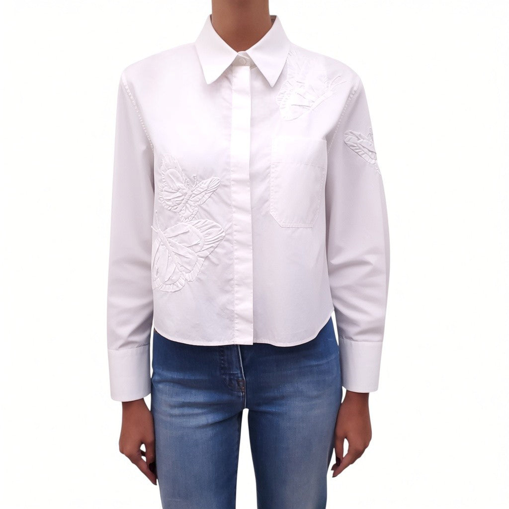 VALENTINO WHITE SHIRT WITH EMBROIDERED FLORAL DETAIL - SIZE M