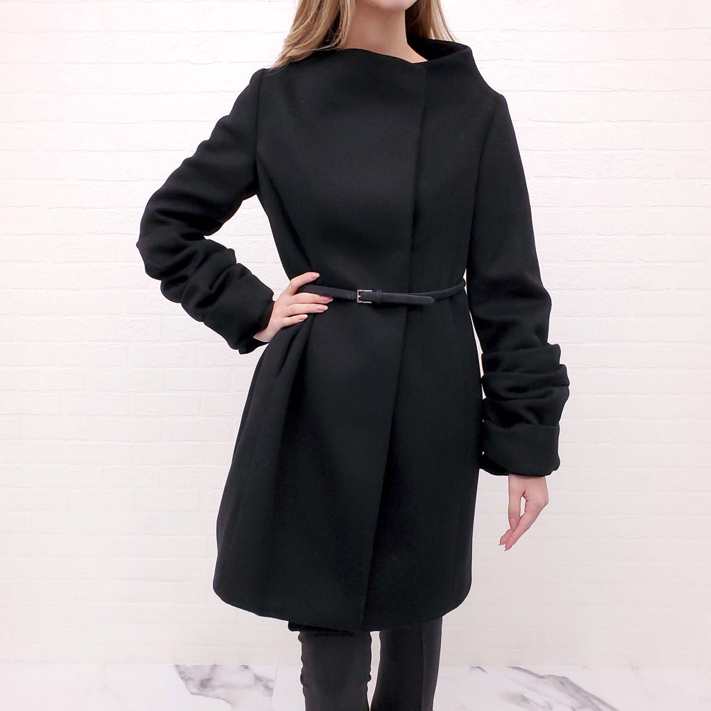 VALENTINO WINTER 2008 BLACK LONG COAT WITH BELT AND RUCHED SLEEVES - SIZE 10