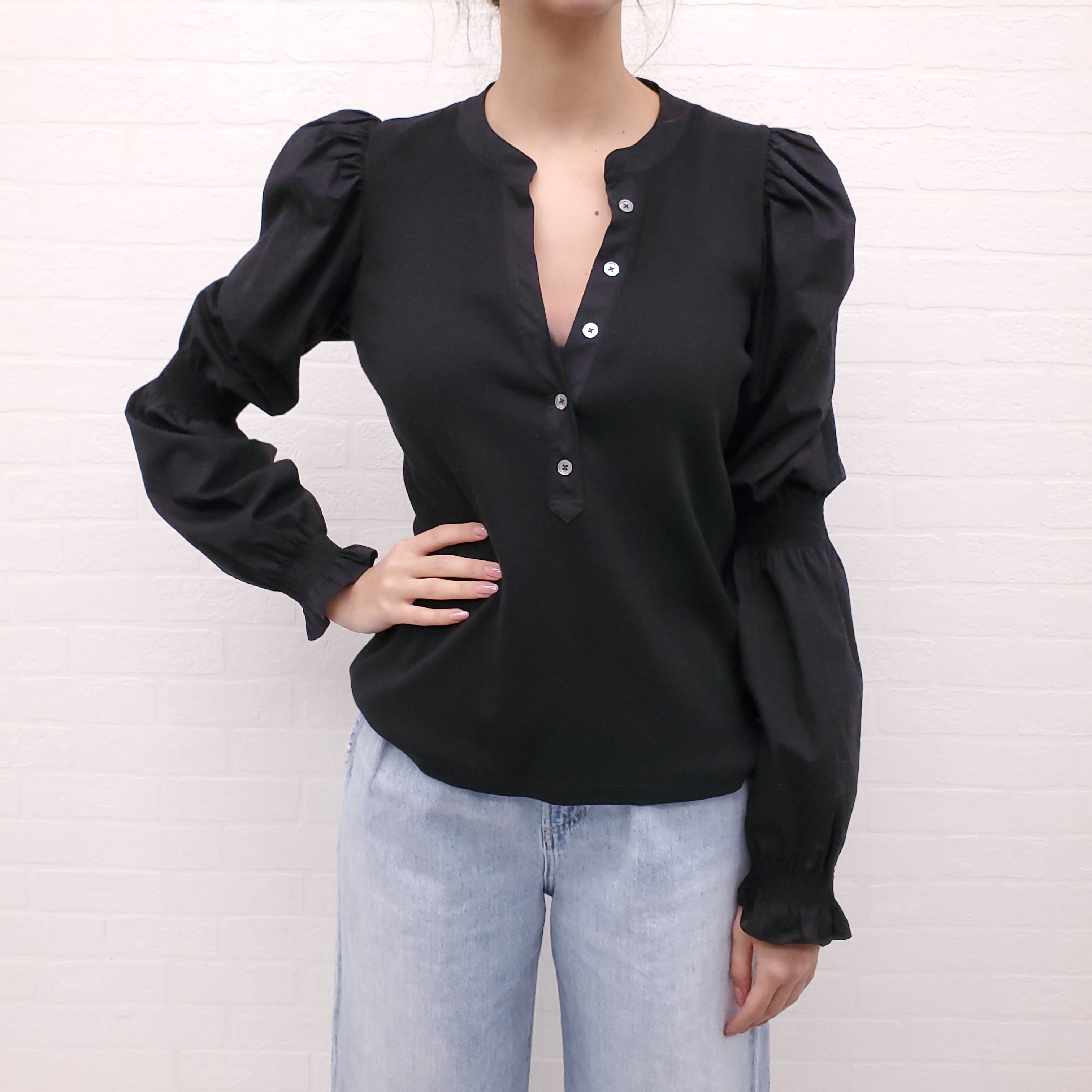 VERONICA BEARD BLACK JERSEY TOP WITH COTTON PUFF SLEEVE - SIZE M