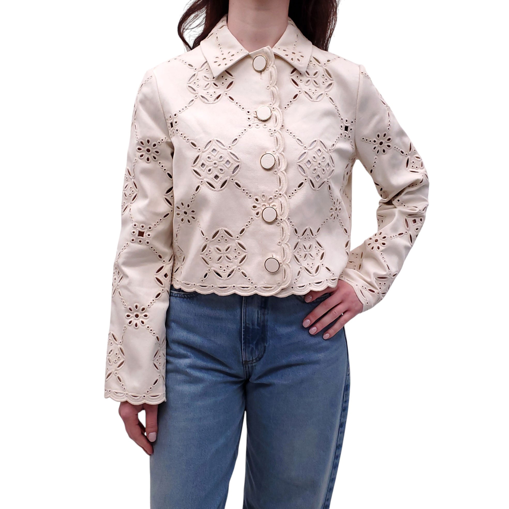 VERONICA BEARD CREAM DENIM CUTOUT EYELET JACKET -  SIZE 6