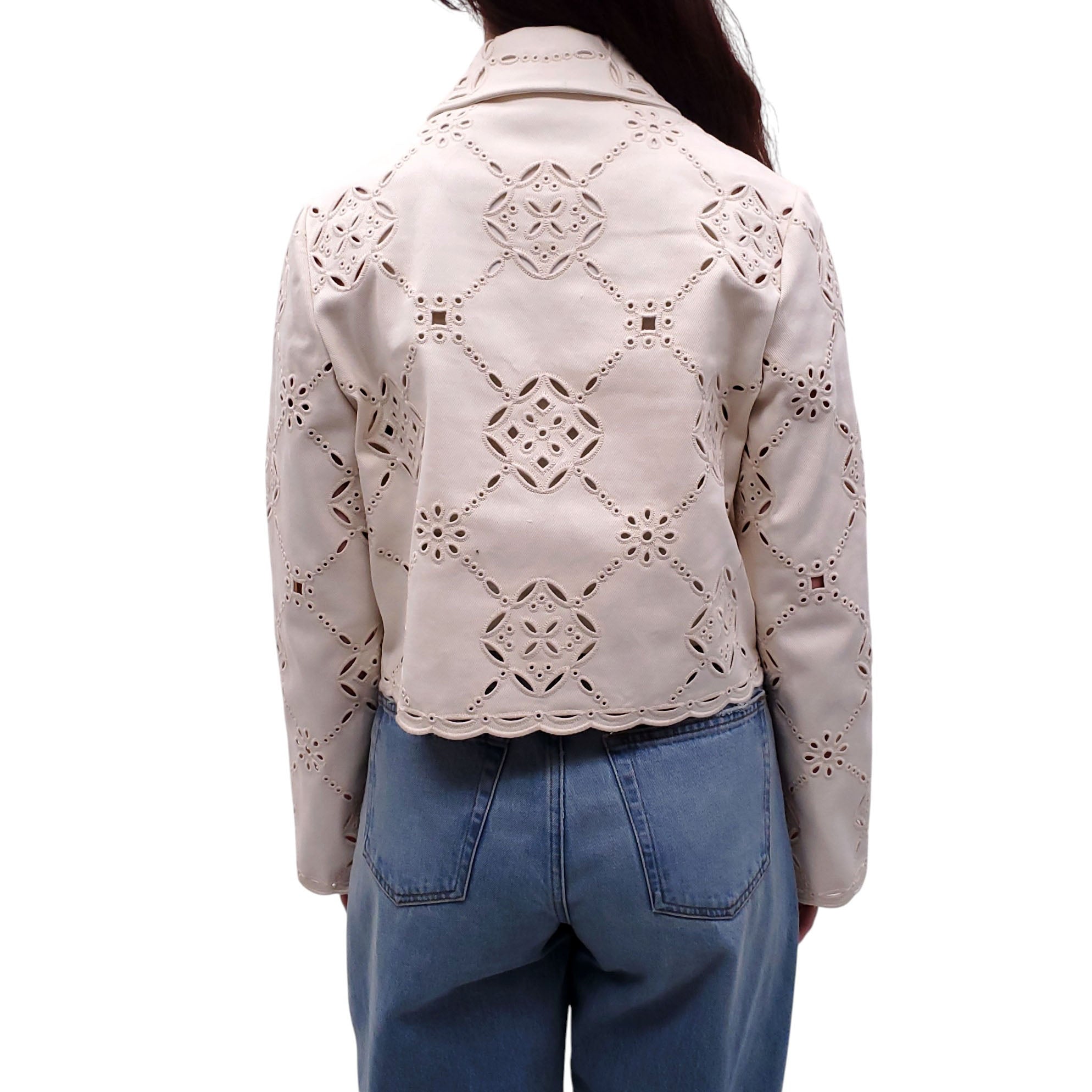 VERONICA BEARD CREAM DENIM CUTOUT EYELET JACKET -  SIZE 6