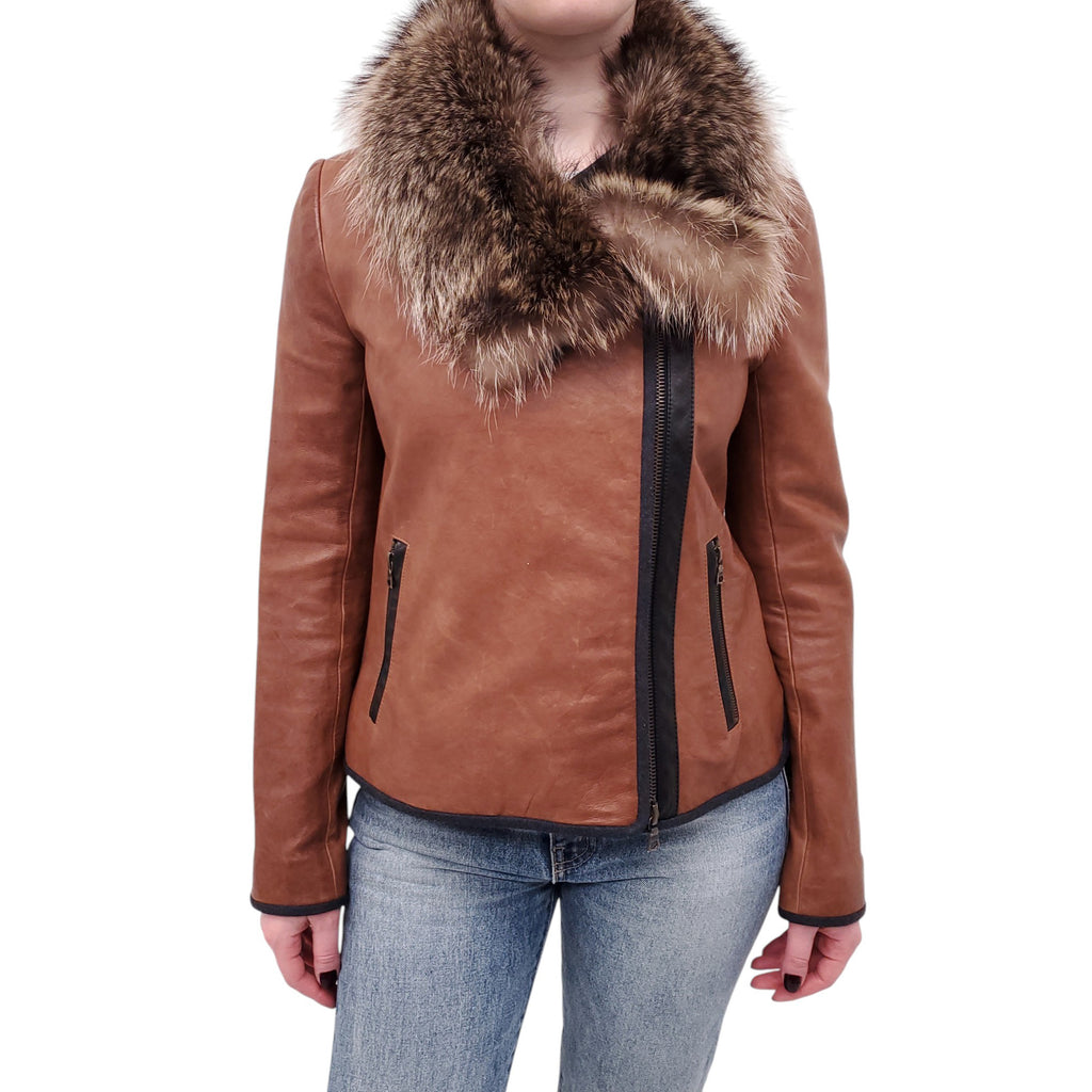 VERONICA BEARD LEATHER JACKET WITH GREY LINING DETAIL AND FUR COLLAR - SIZE 2