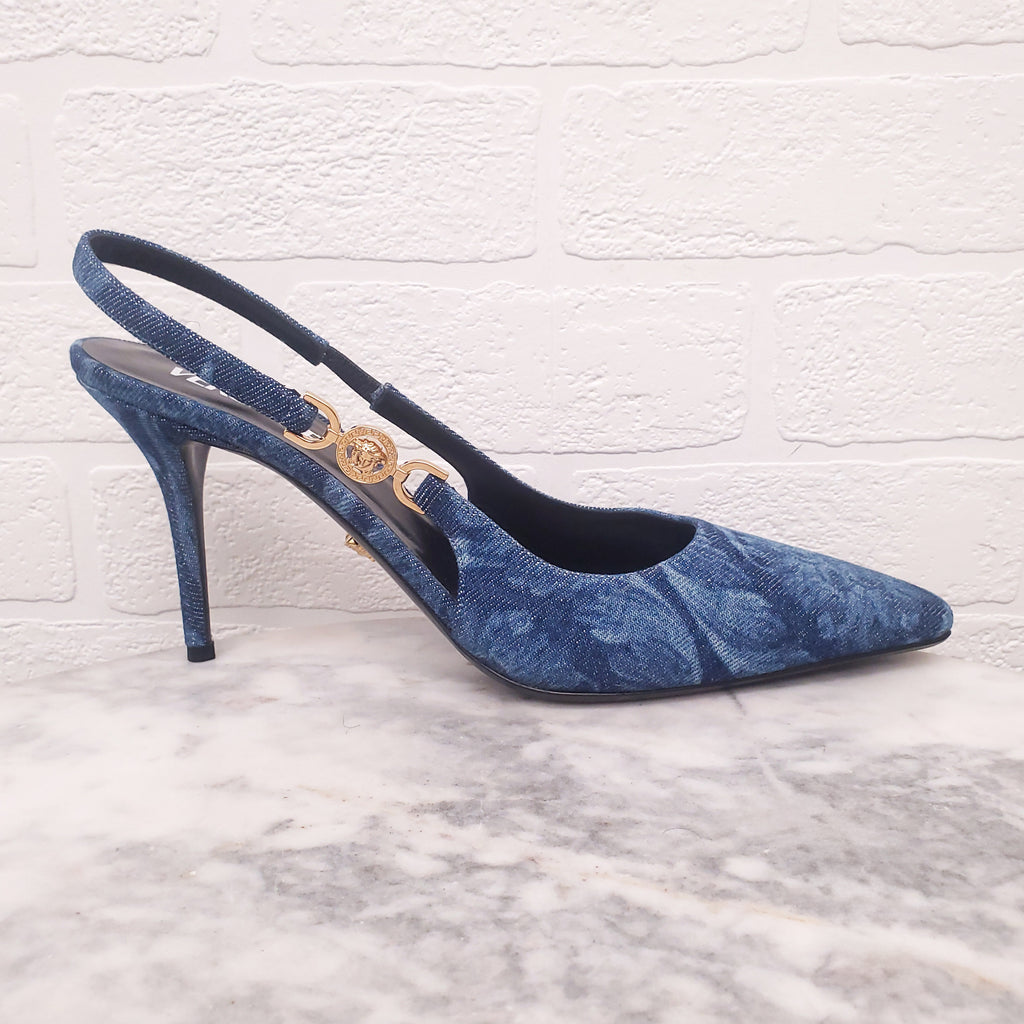 VERSACE BAROCCO DENIM PRINT PUMPS - SIZE 39.5