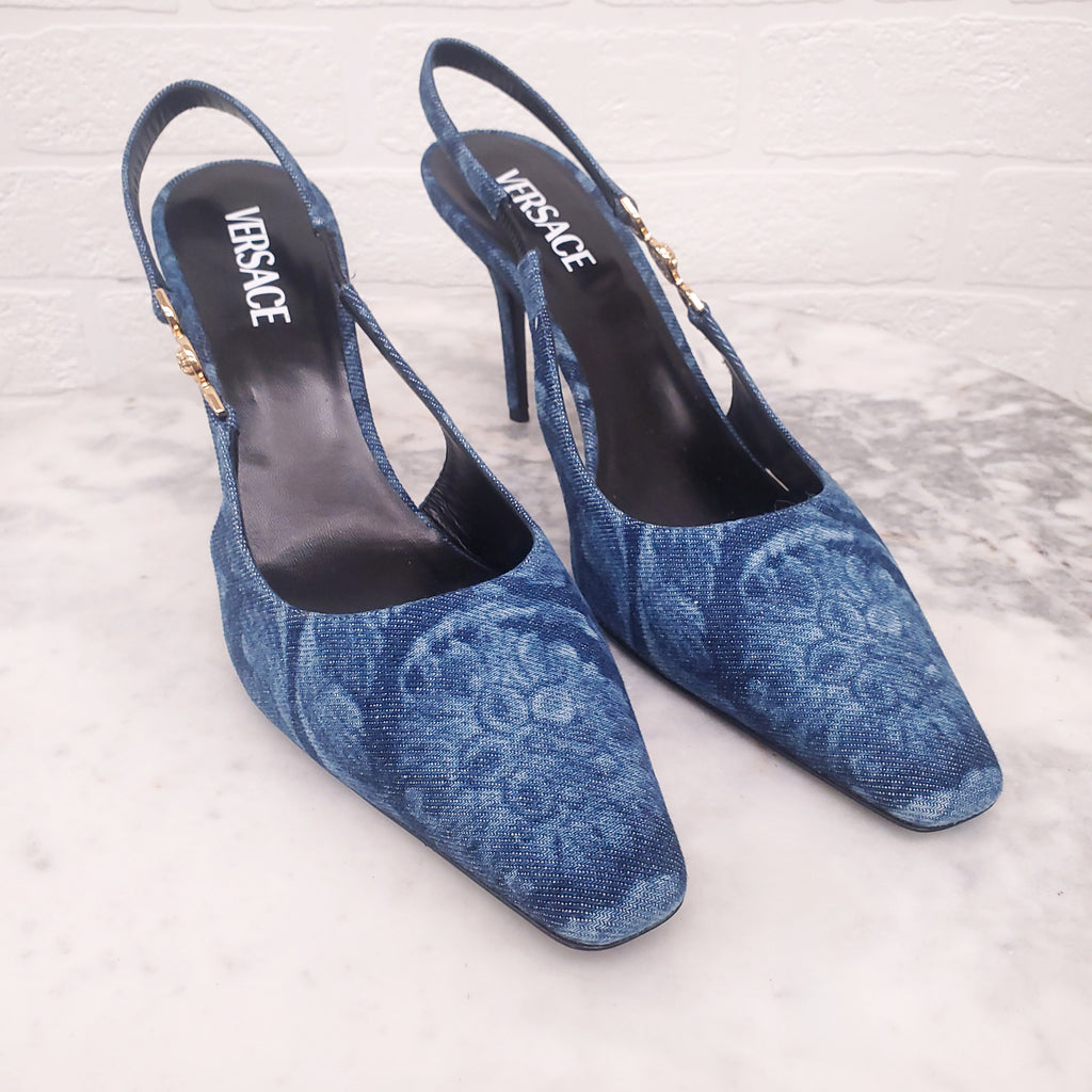 VERSACE BAROCCO DENIM PRINT PUMPS - SIZE 39.5