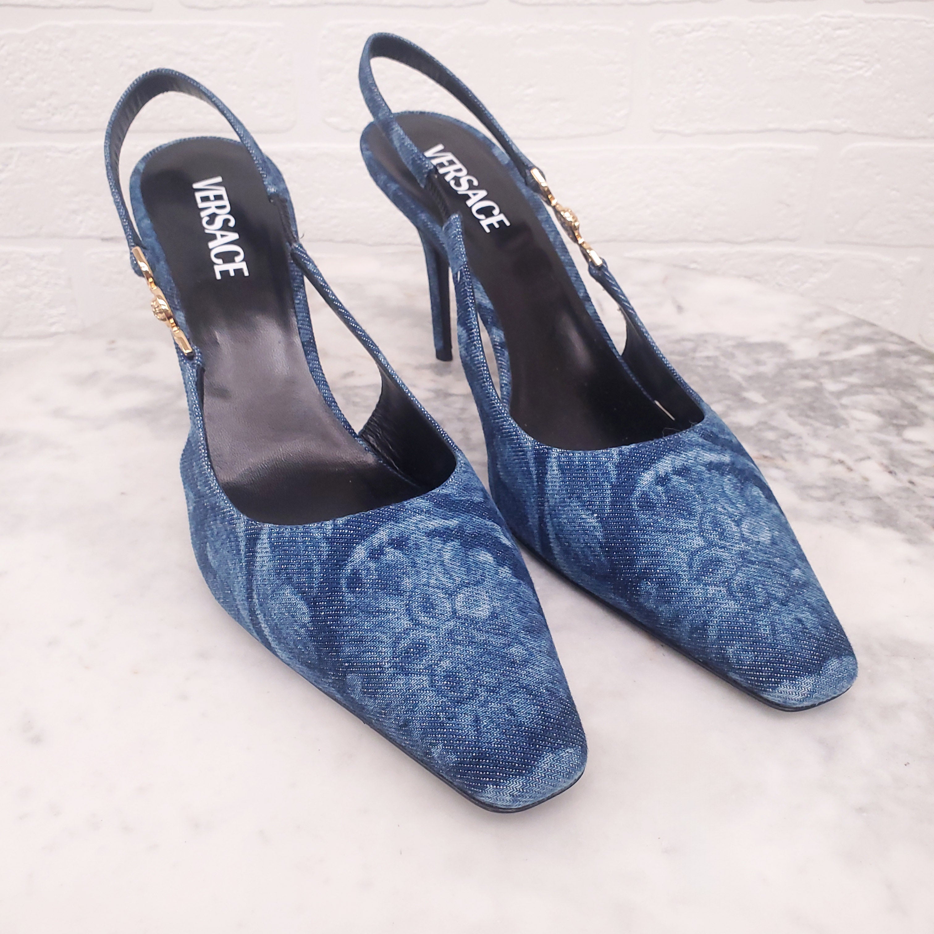 VERSACE BAROCCO DENIM PRINT PUMPS - SIZE 39.5