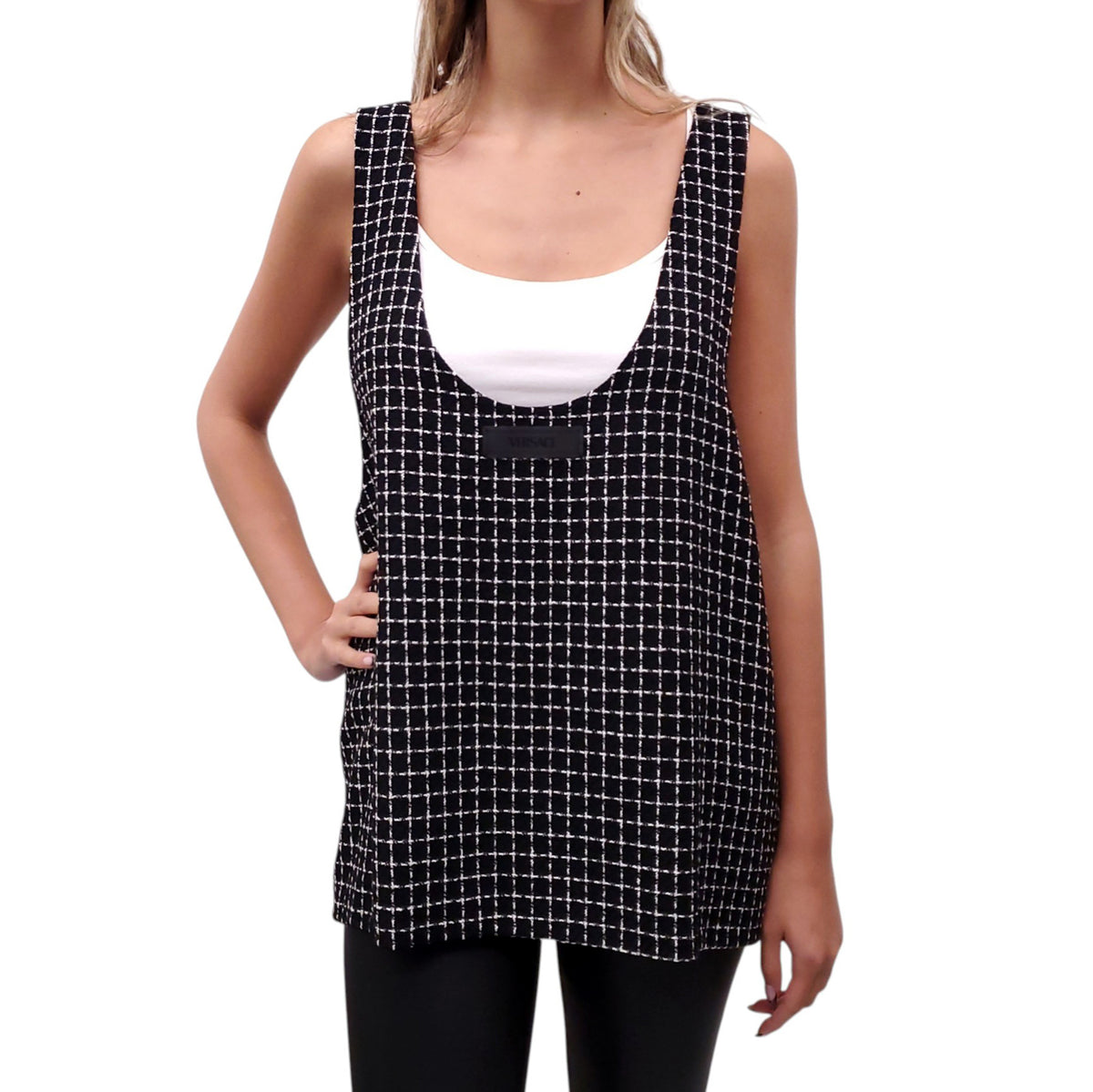VERSACE BLACK AND WHITE TWEED LOGO TANK TOP - SIZE L