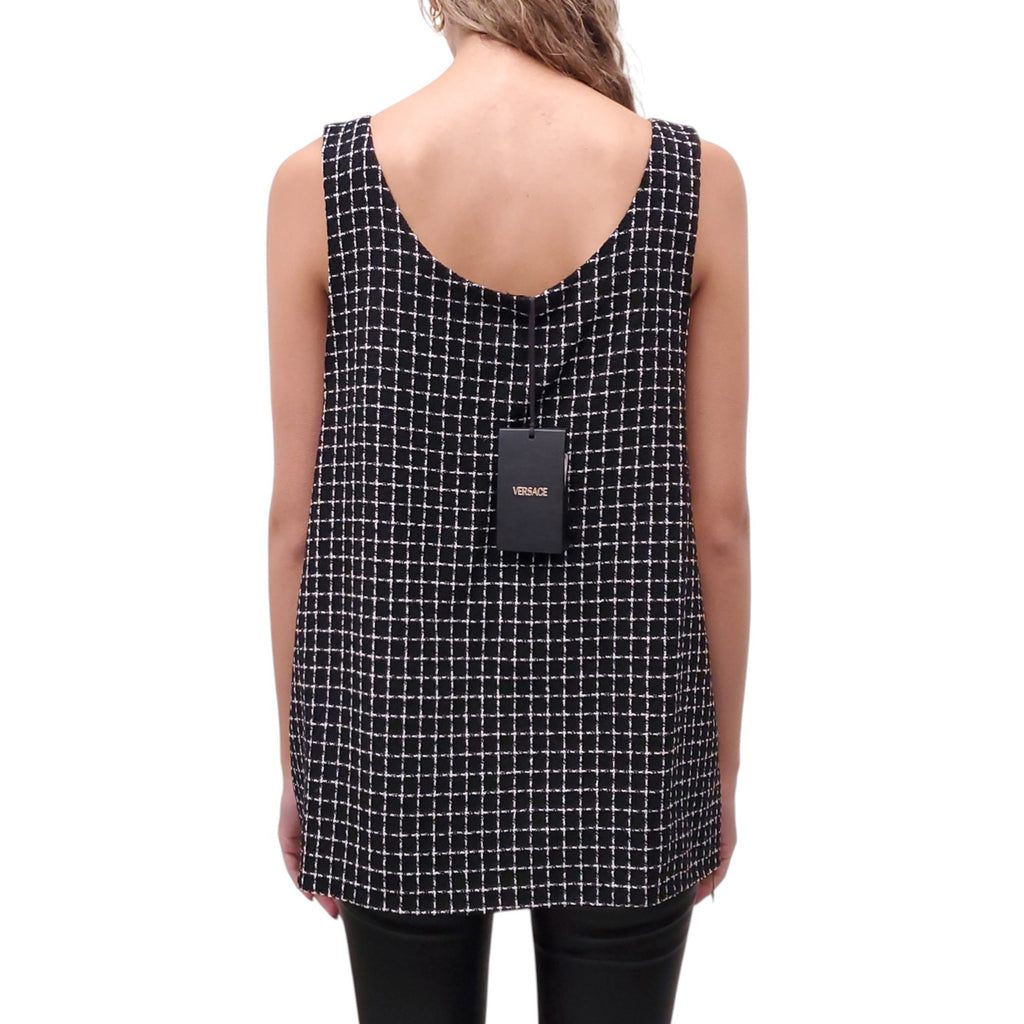 VERSACE BLACK AND WHITE TWEED LOGO TANK TOP - SIZE L