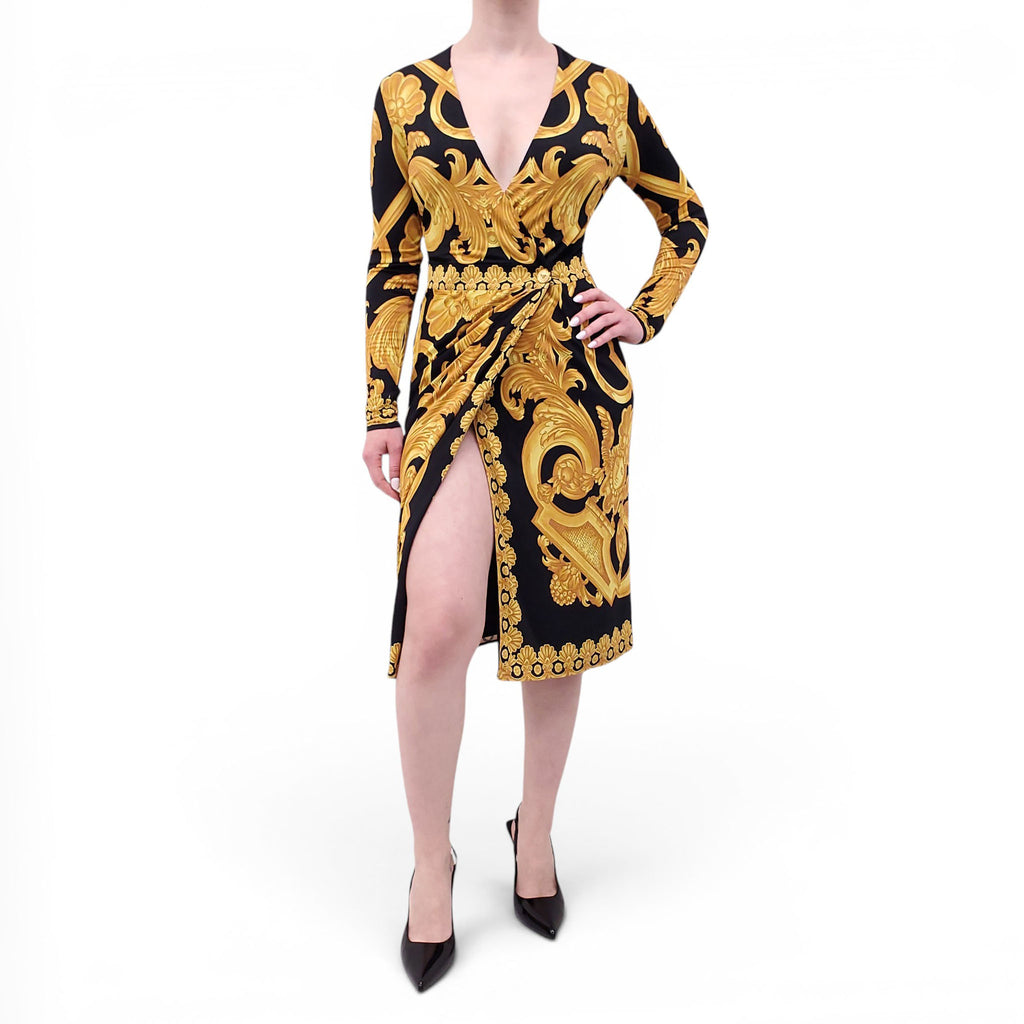 VERSACE BLACK BAROQUE PRINT JERSEY WRAP DRESS - SIZE 40