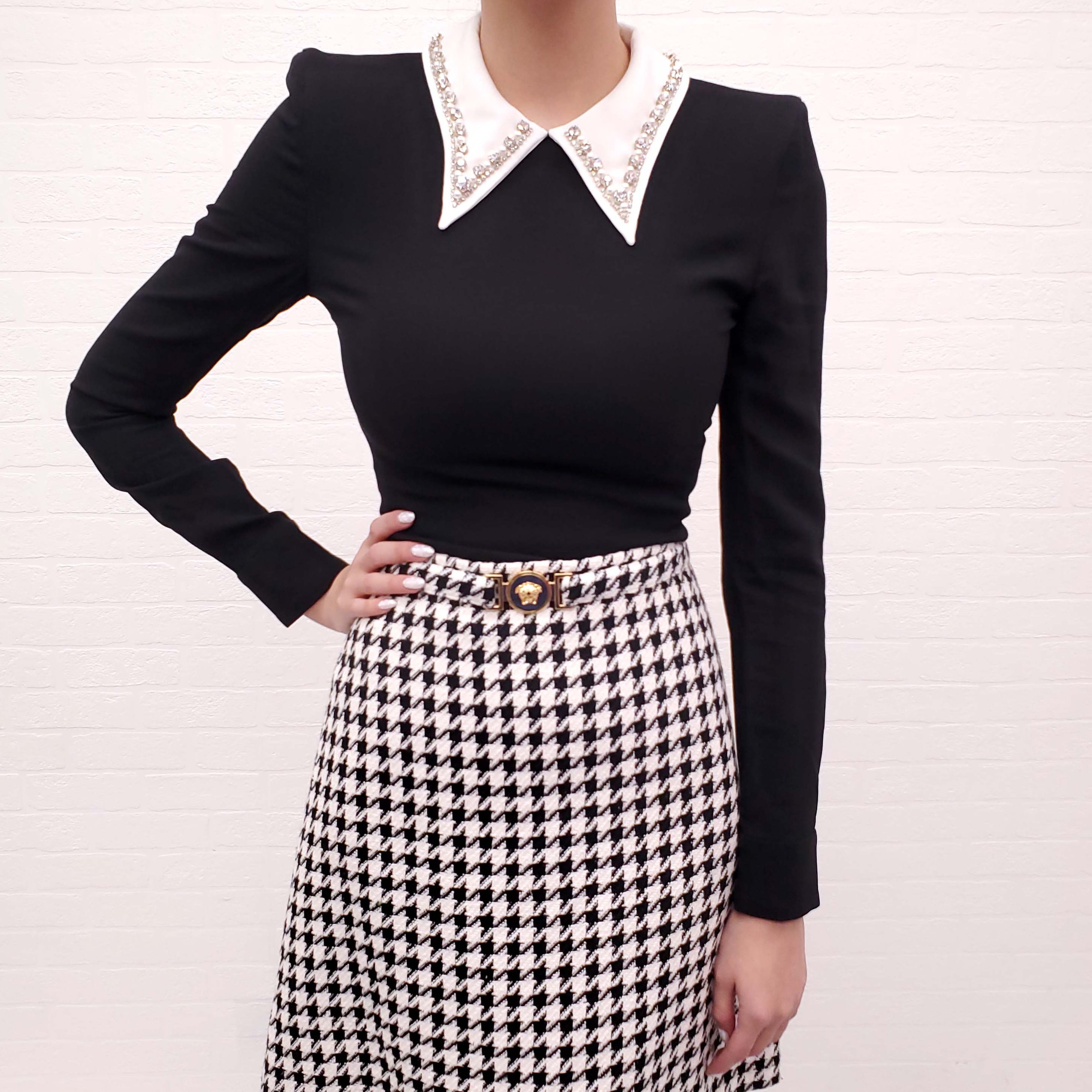 VERSACE BLACK BODYSUIT WITH WHITE RHINESTONE AND PEARL COLLAR - SIZE 38