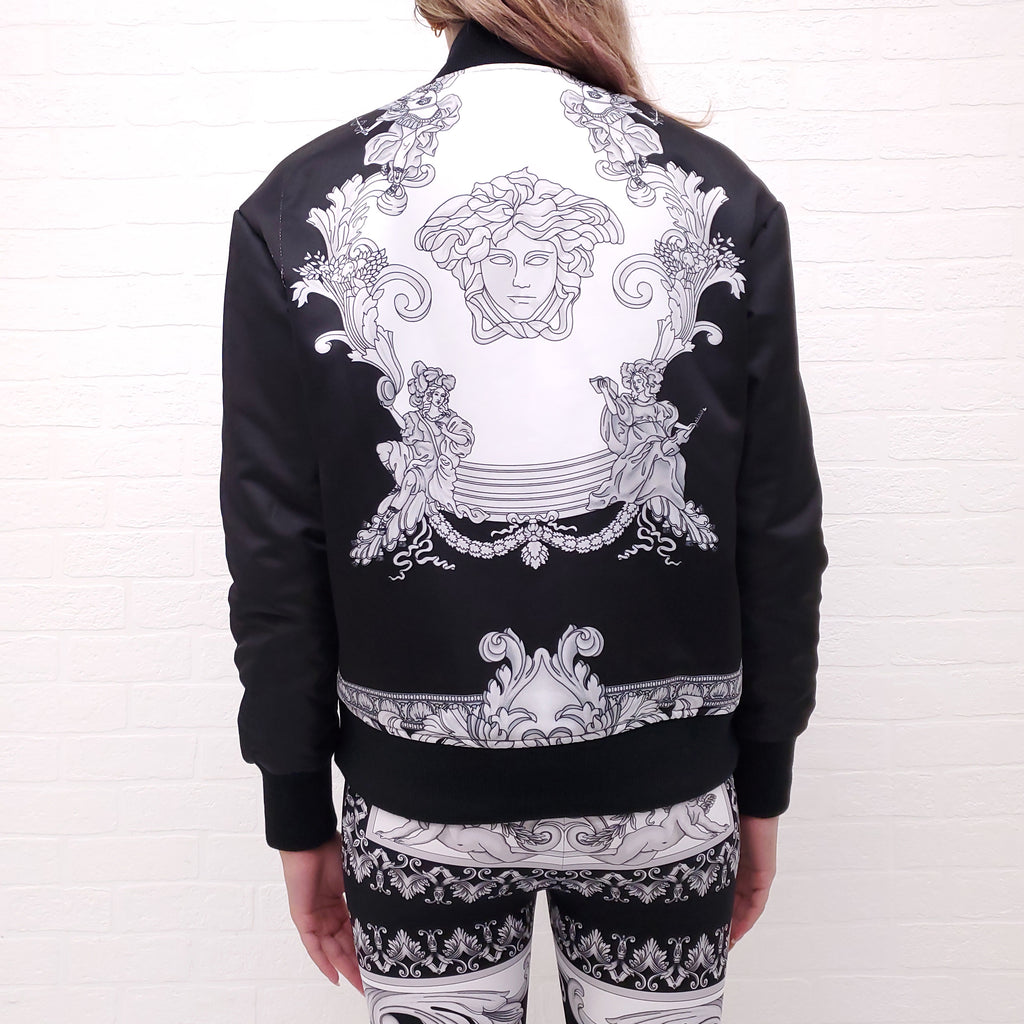VERSACE BLACK BOMBER JACKET WITH WHITE AND GREY MEDUSA PRINT - SIZE 38