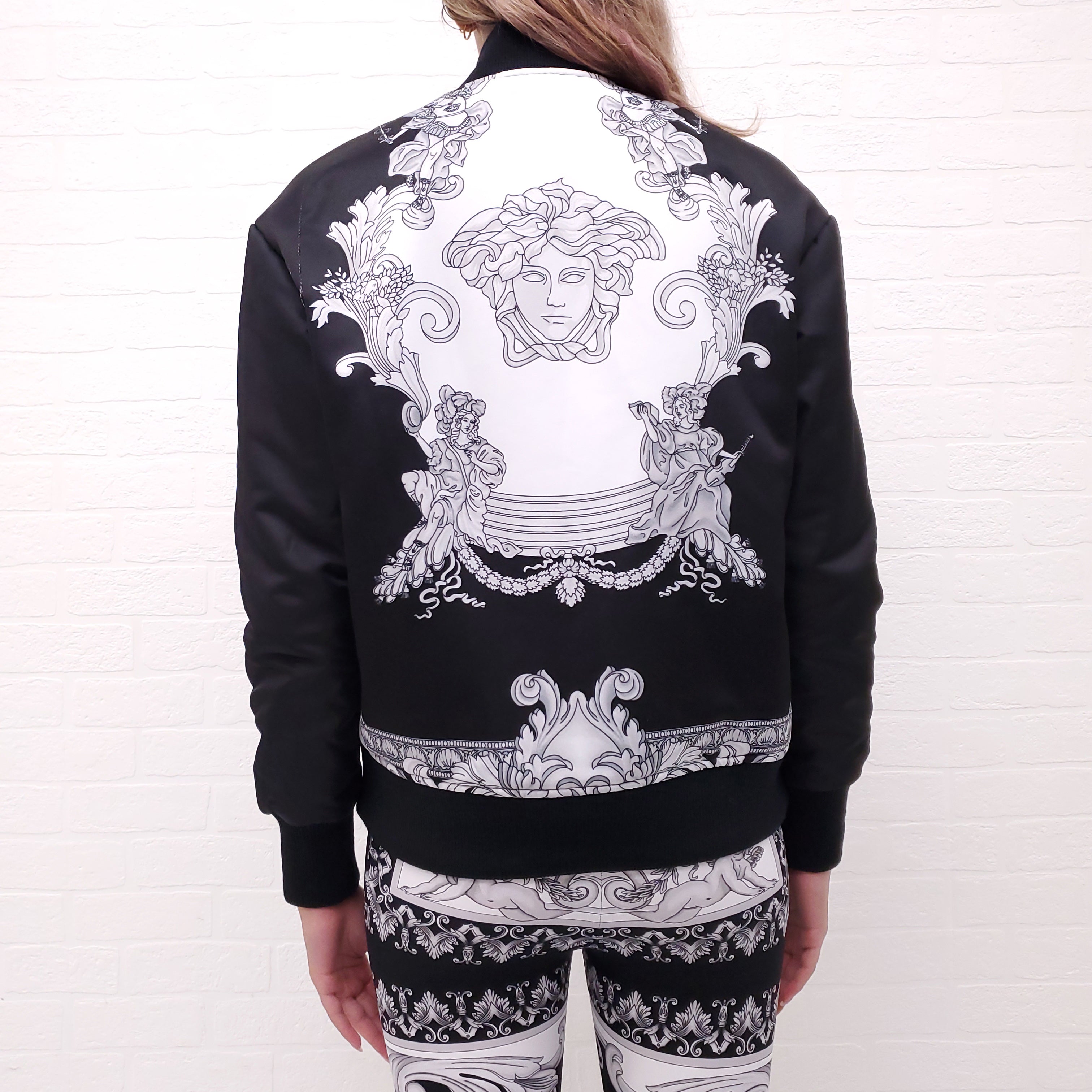 VERSACE BLACK BOMBER JACKET WITH WHITE AND GREY MEDUSA PRINT - SIZE 38