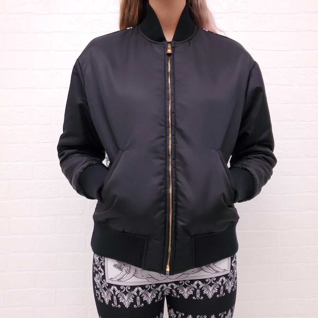 VERSACE BLACK BOMBER JACKET WITH WHITE AND GREY MEDUSA PRINT - SIZE 38