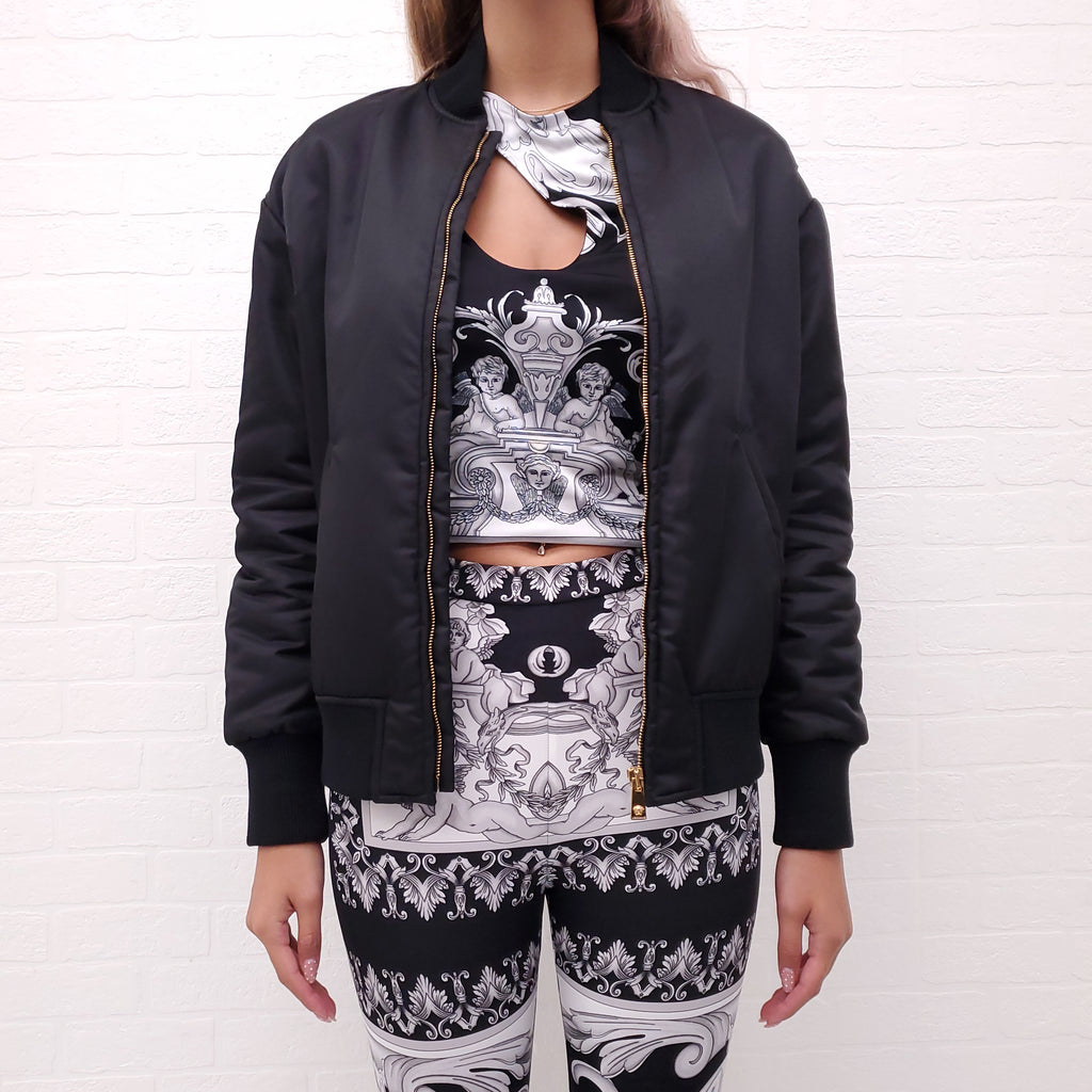 VERSACE BLACK BOMBER JACKET WITH WHITE AND GREY MEDUSA PRINT - SIZE 38