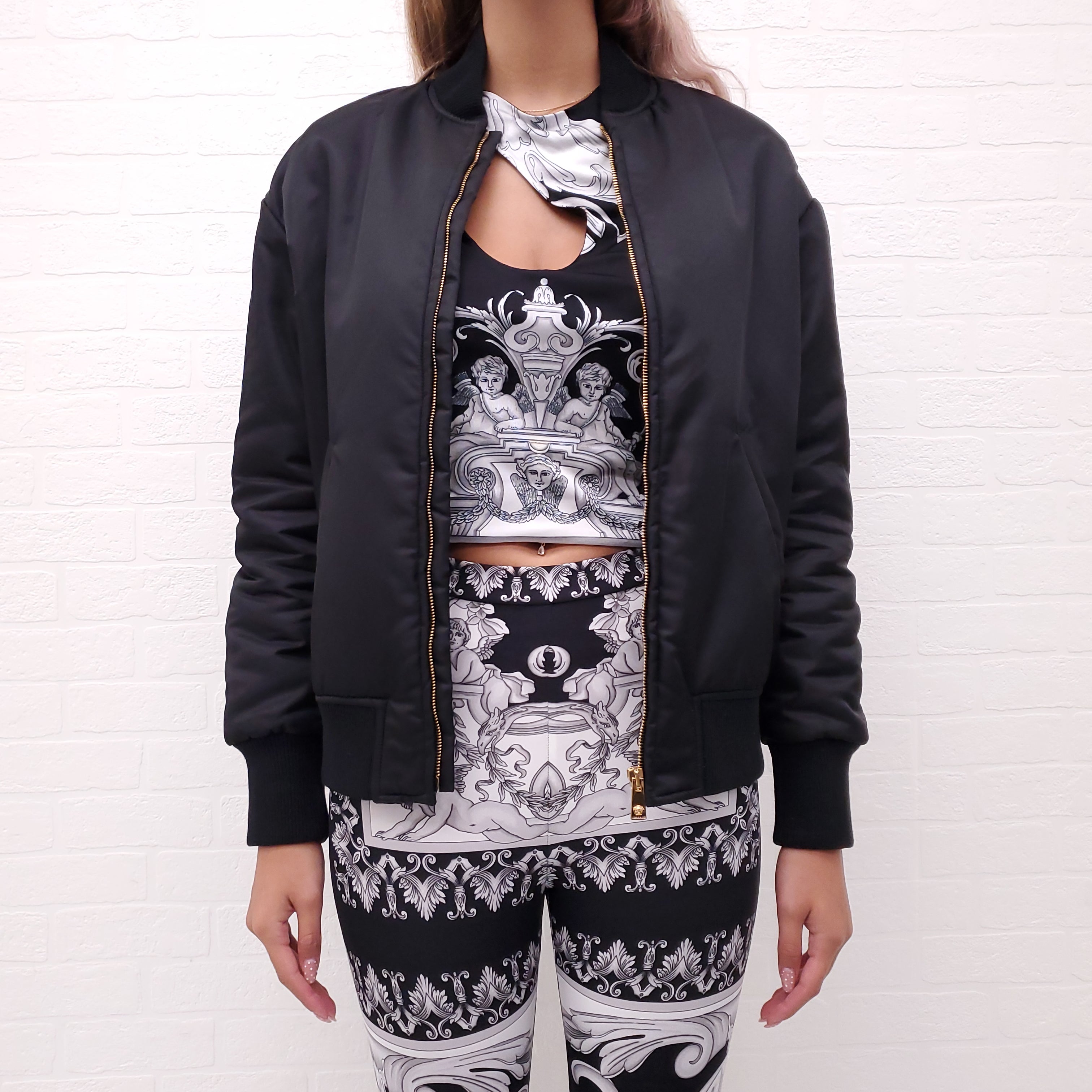 VERSACE BLACK BOMBER JACKET WITH WHITE AND GREY MEDUSA PRINT - SIZE 38