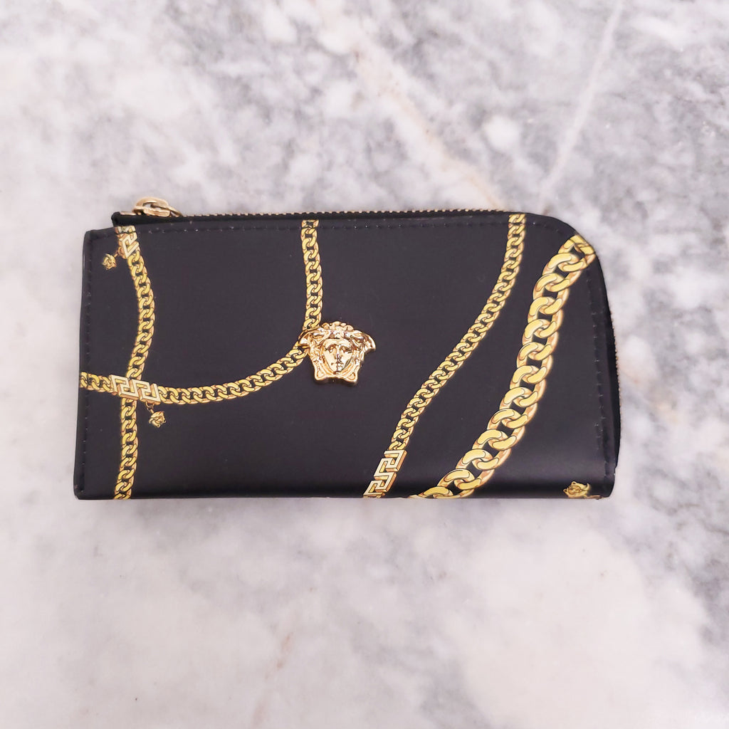 VERSACE BLACK CHAIN PRINT LEATHER CARD CASE WITH KEYCHAIN