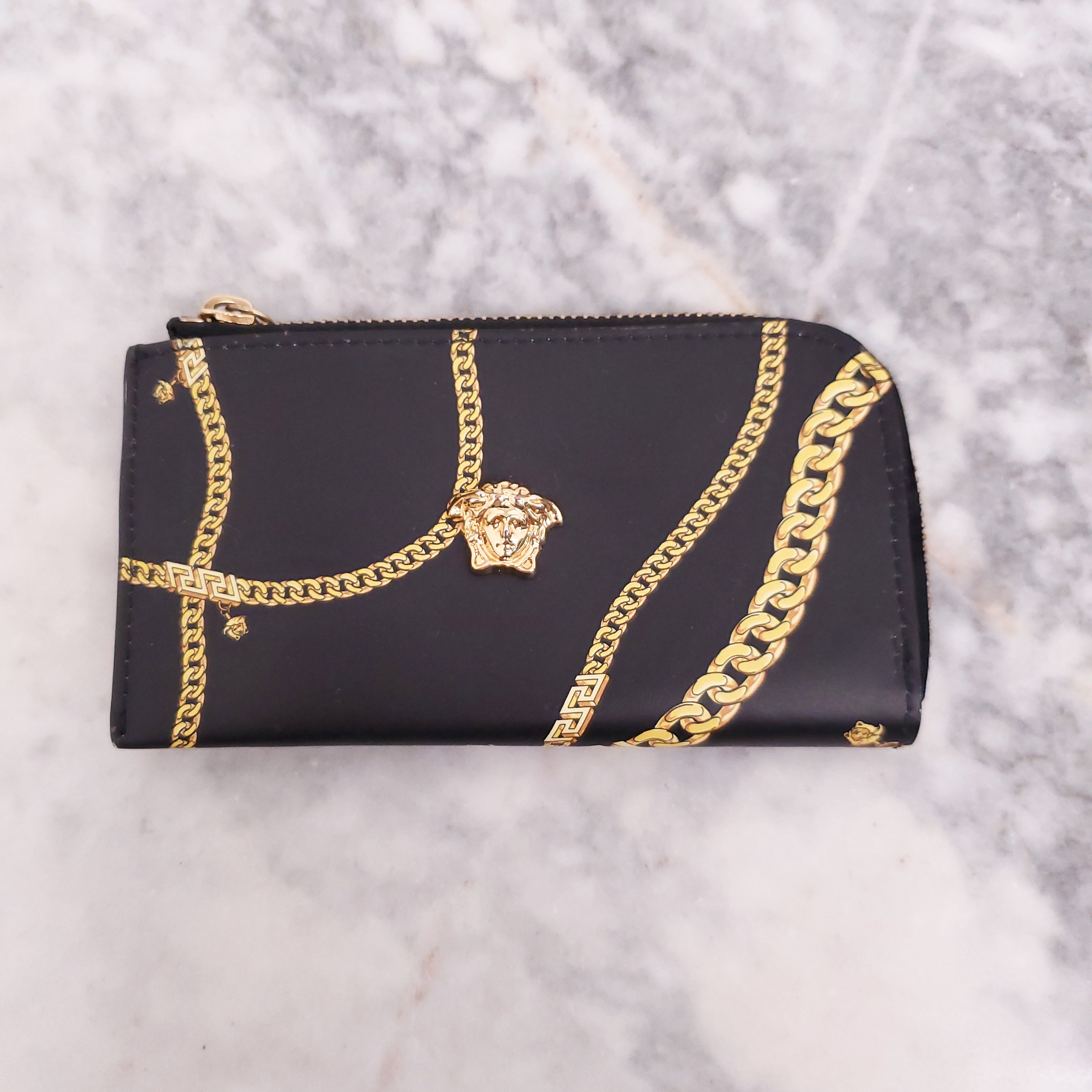 VERSACE BLACK CHAIN PRINT LEATHER CARD CASE WITH KEYCHAIN