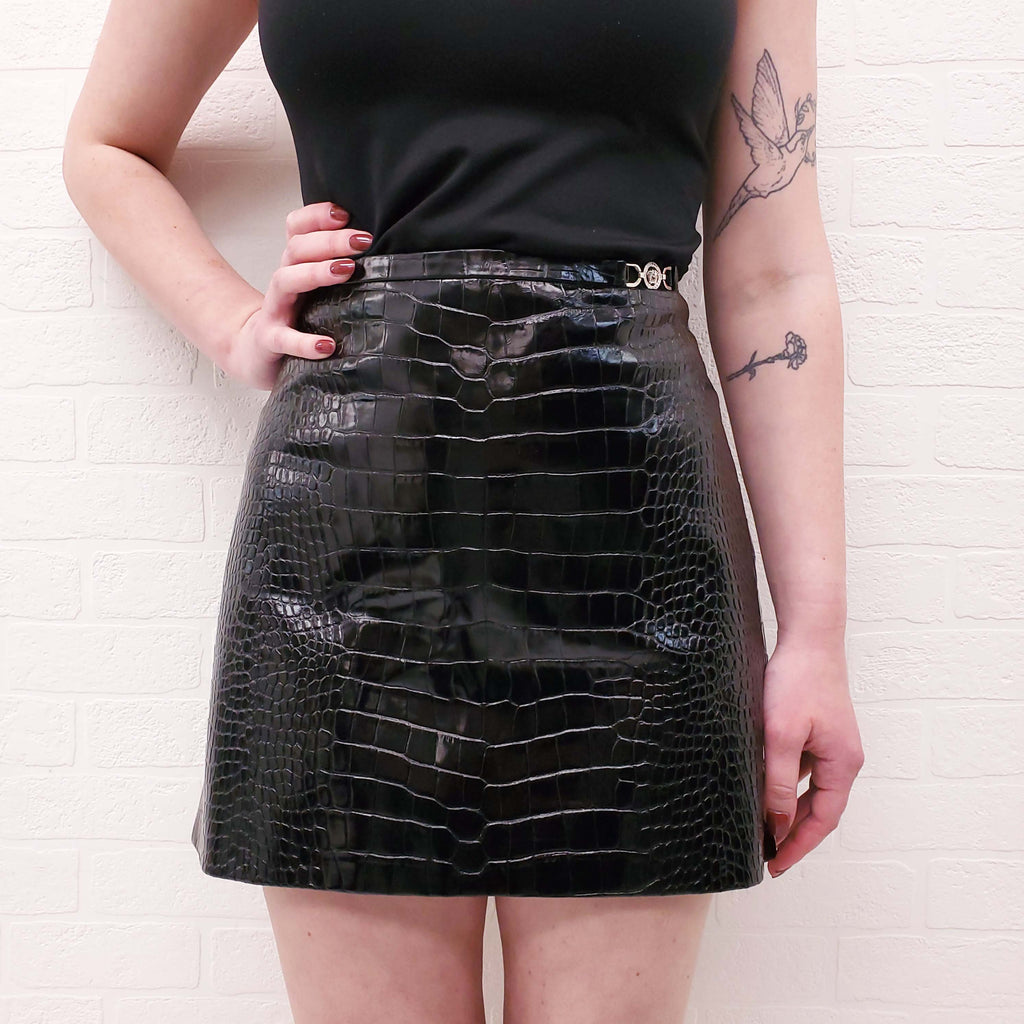 VERSACE BLACK CROC EFFECT EMBOSSED LEATHER MINI SKIRT WITH MEDUSA - SIZE 44
