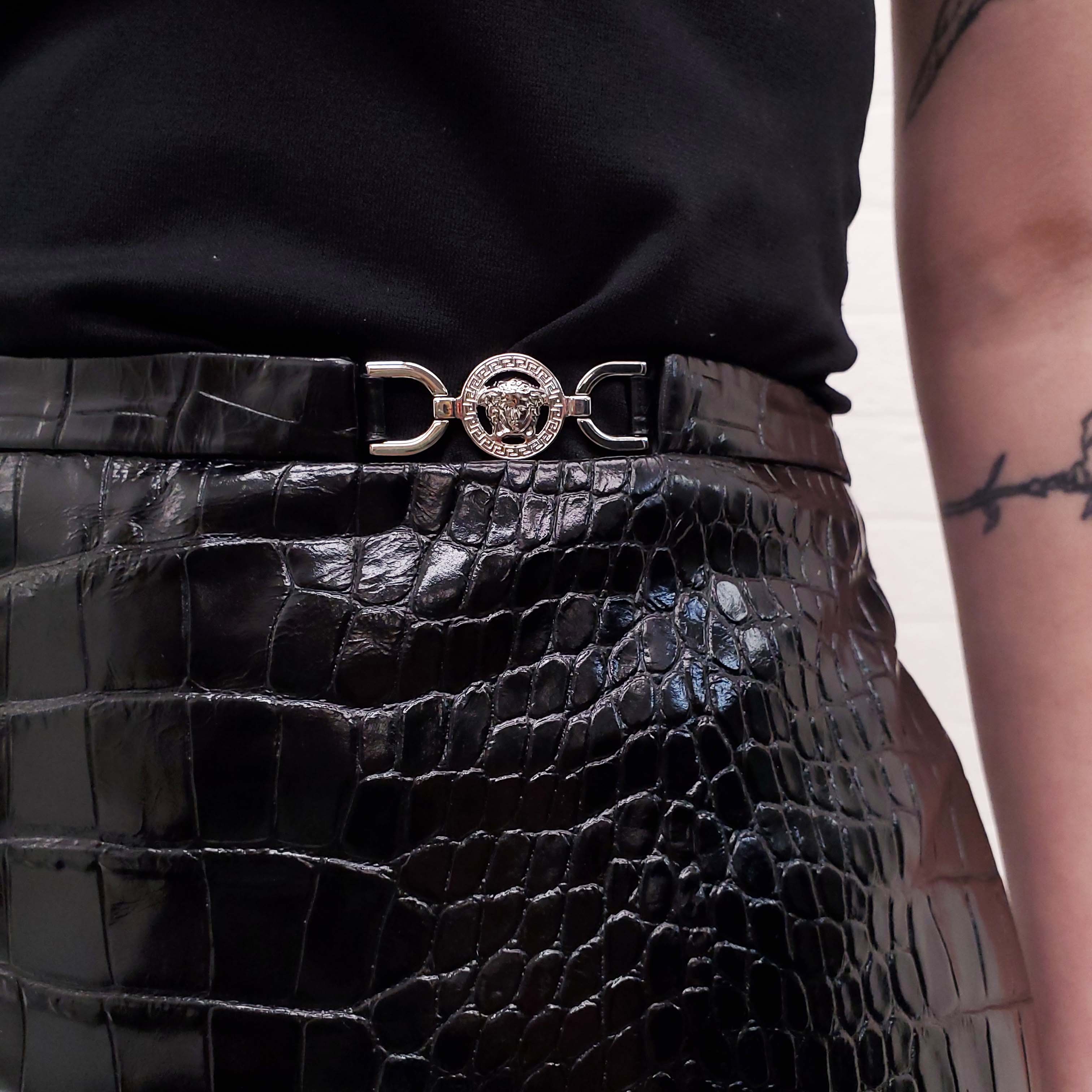 VERSACE BLACK CROC EFFECT EMBOSSED LEATHER MINI SKIRT WITH MEDUSA - SIZE 44