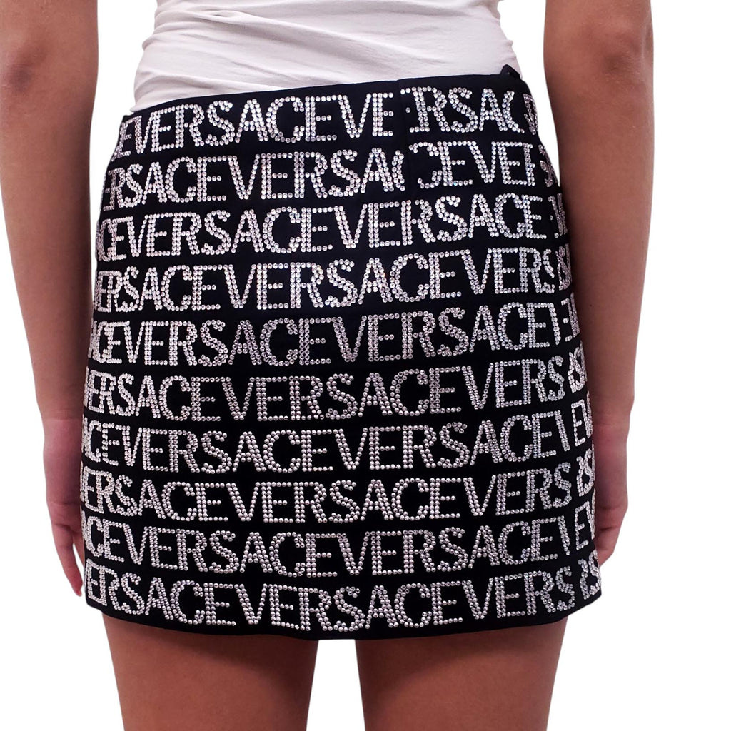 VERSACE BLACK CRYSTAL LOGO MINI SKIRT - SIZE 38