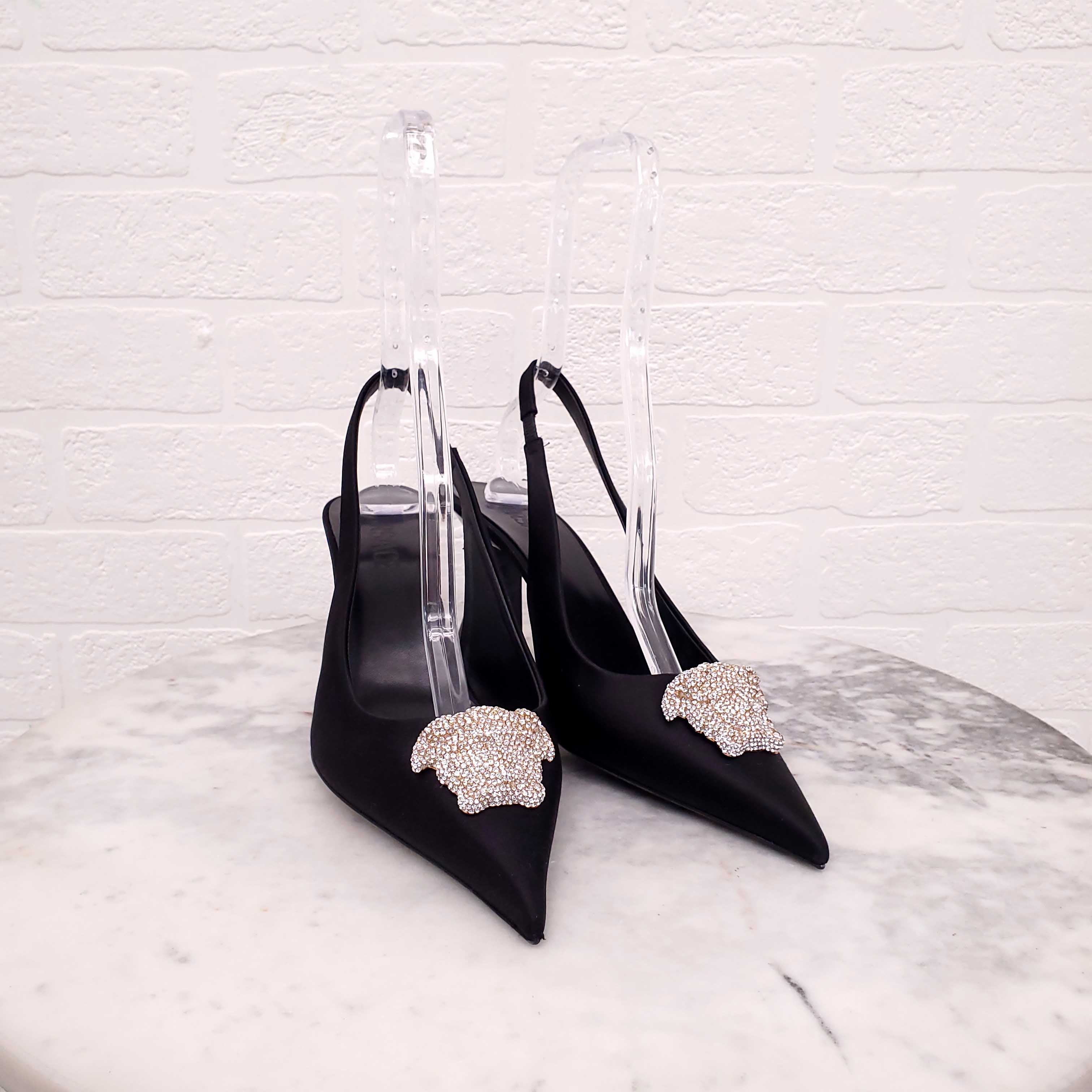 VERSACE BLACK CRYSTAL SATIN PUMPS - SIZE 39.5