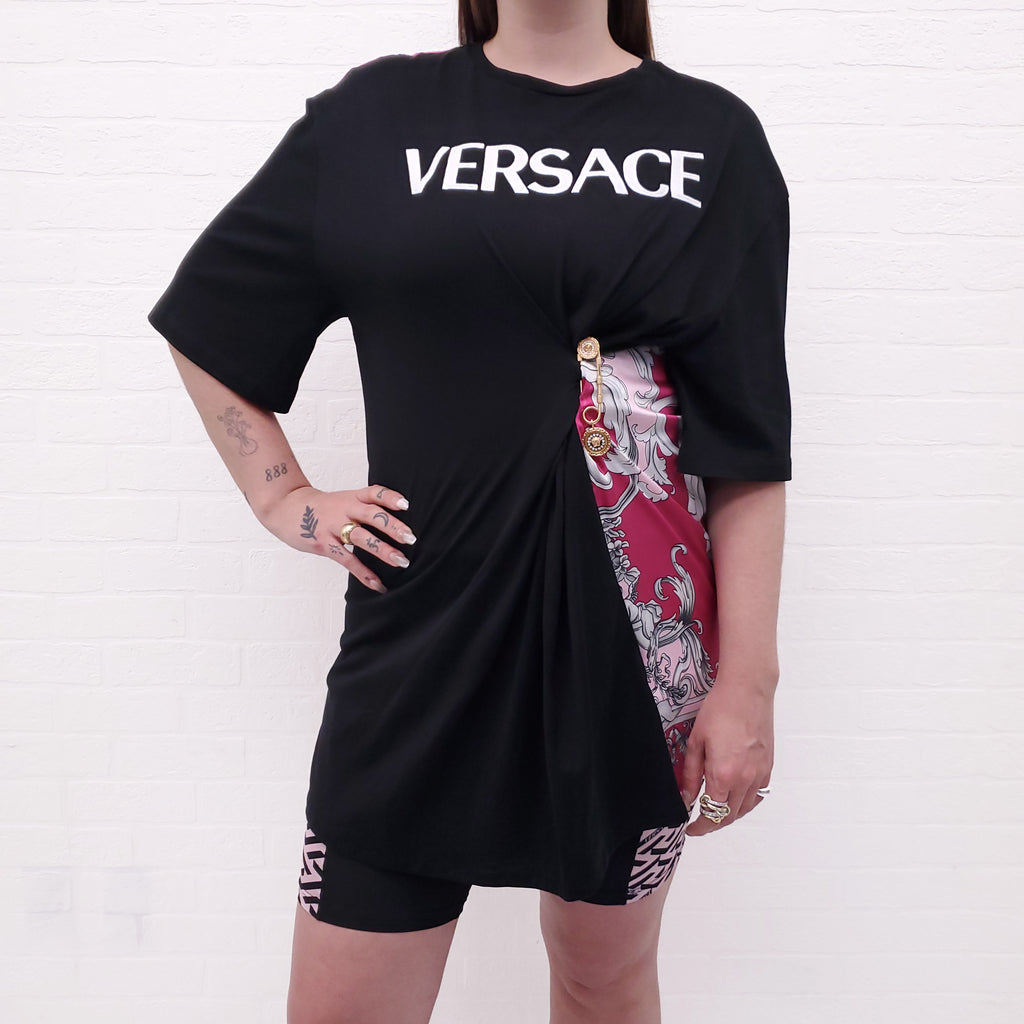 VERSACE BLACK DOUBLE FABRIC T-SHIRT WITH BROOCH - SIZE 44