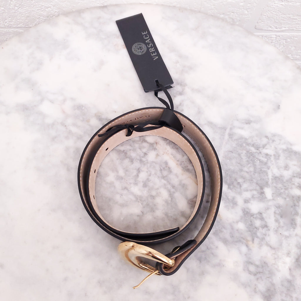 VERSACE BLACK LEATHER BELT WITH GOLD BUCKLE - SIZE 60