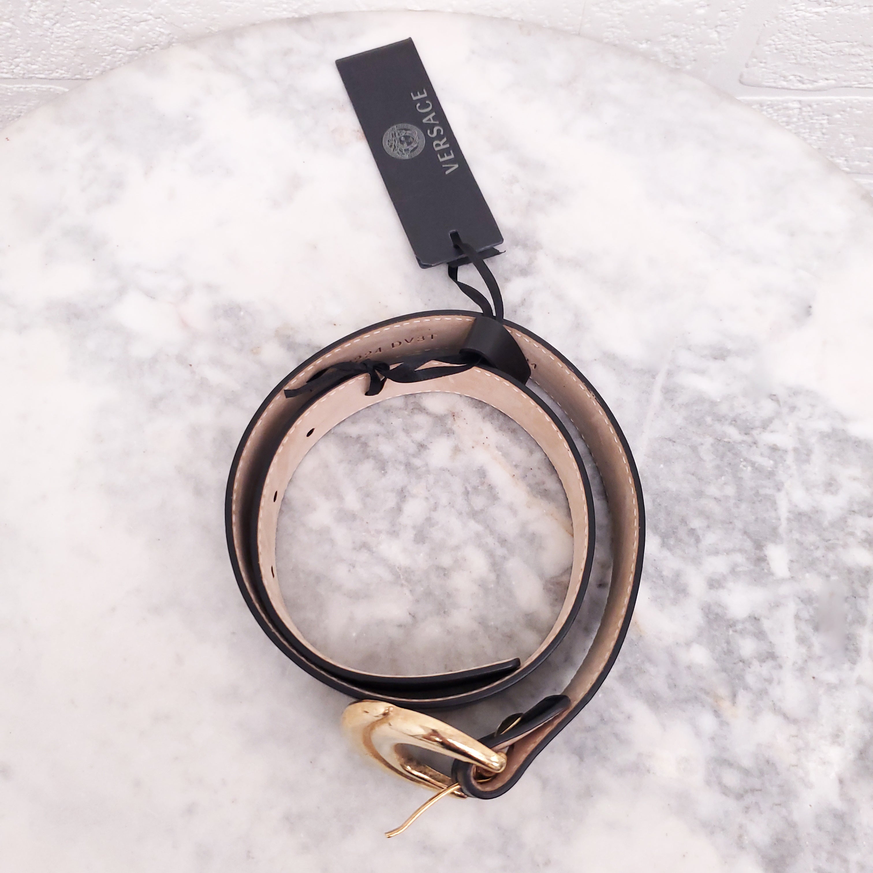 VERSACE BLACK LEATHER BELT WITH GOLD BUCKLE - SIZE 60