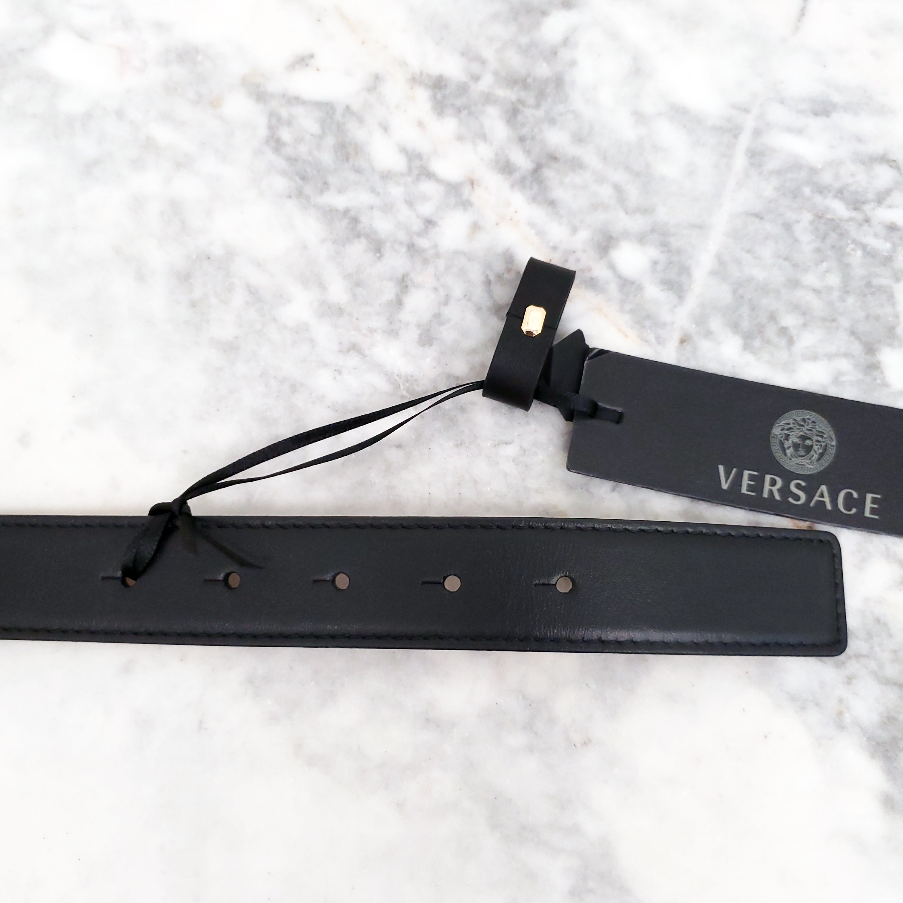 VERSACE BLACK LEATHER BELT WITH GOLD BUCKLE - SIZE 60