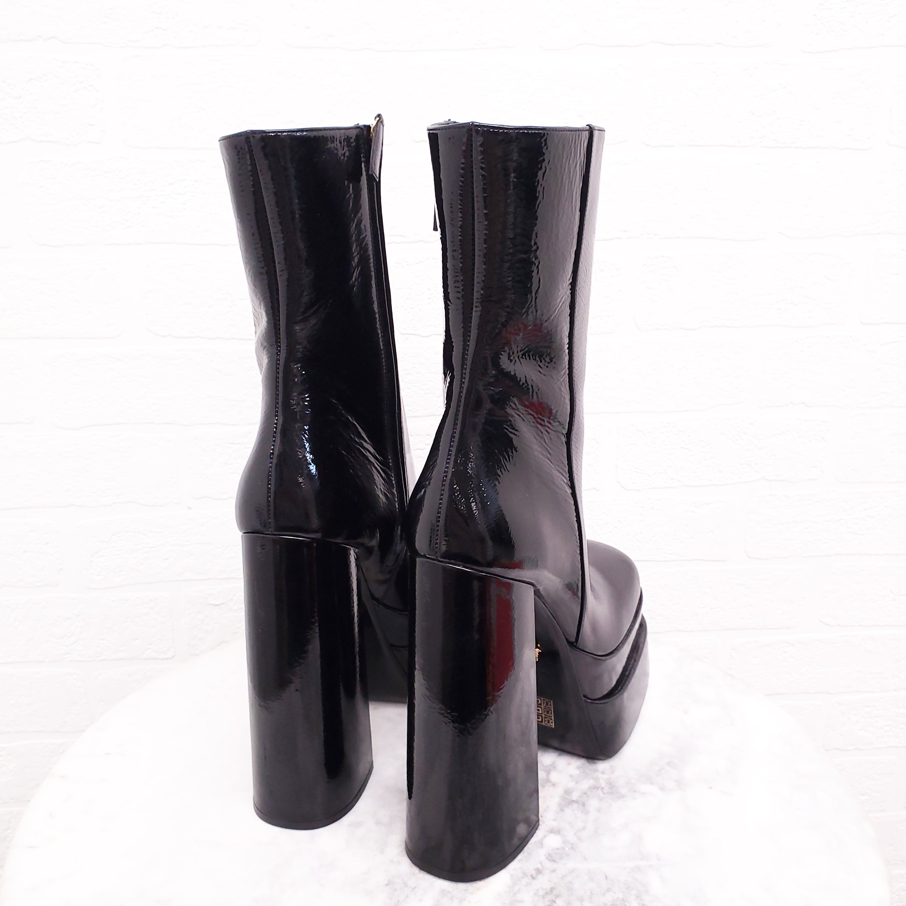 VERSACE BLACK PATENT PLATFORM BOOTS - SIZE 40