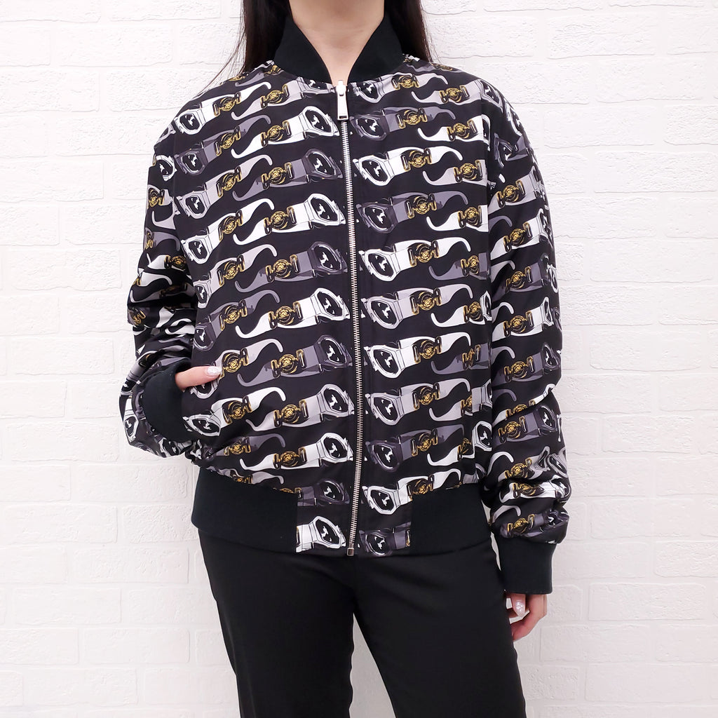 VERSACE BLACK REVERSIBLE BOMBER JACKET WITH SUNGLASSES DETAIL - SIZE 50