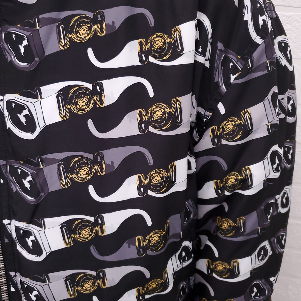 VERSACE BLACK REVERSIBLE BOMBER JACKET WITH SUNGLASSES DETAIL - SIZE 50