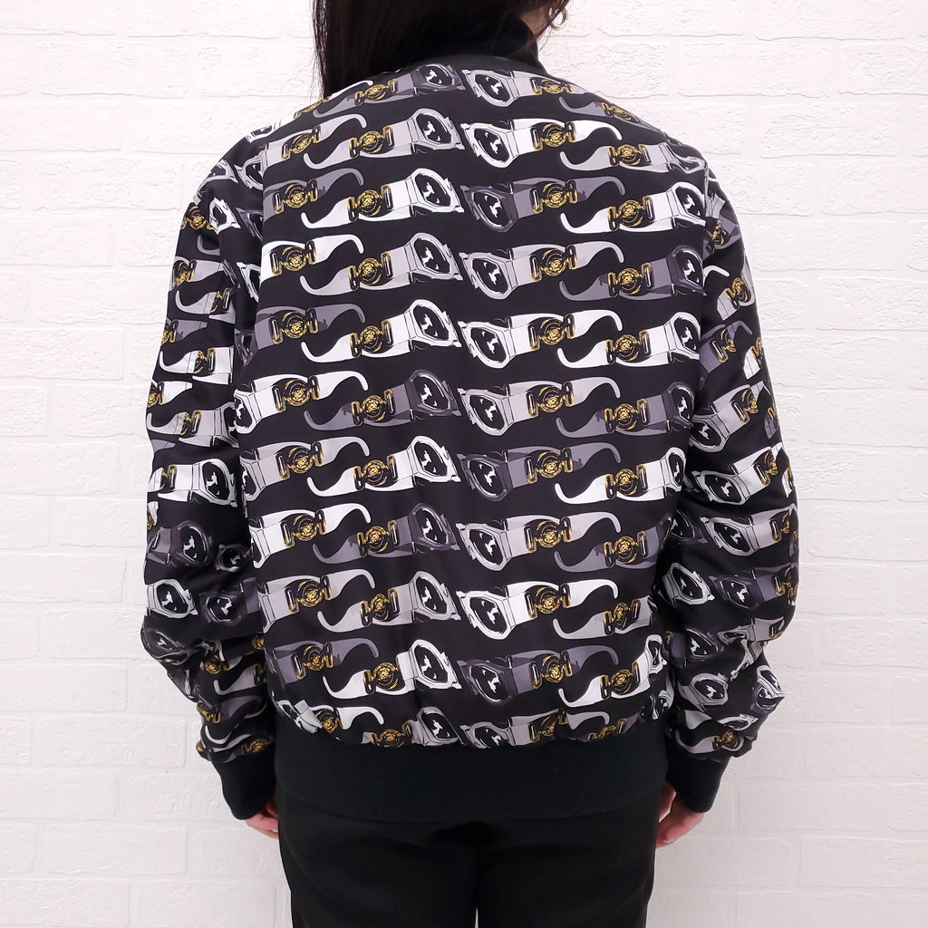 VERSACE BLACK REVERSIBLE BOMBER JACKET WITH SUNGLASSES DETAIL - SIZE 50