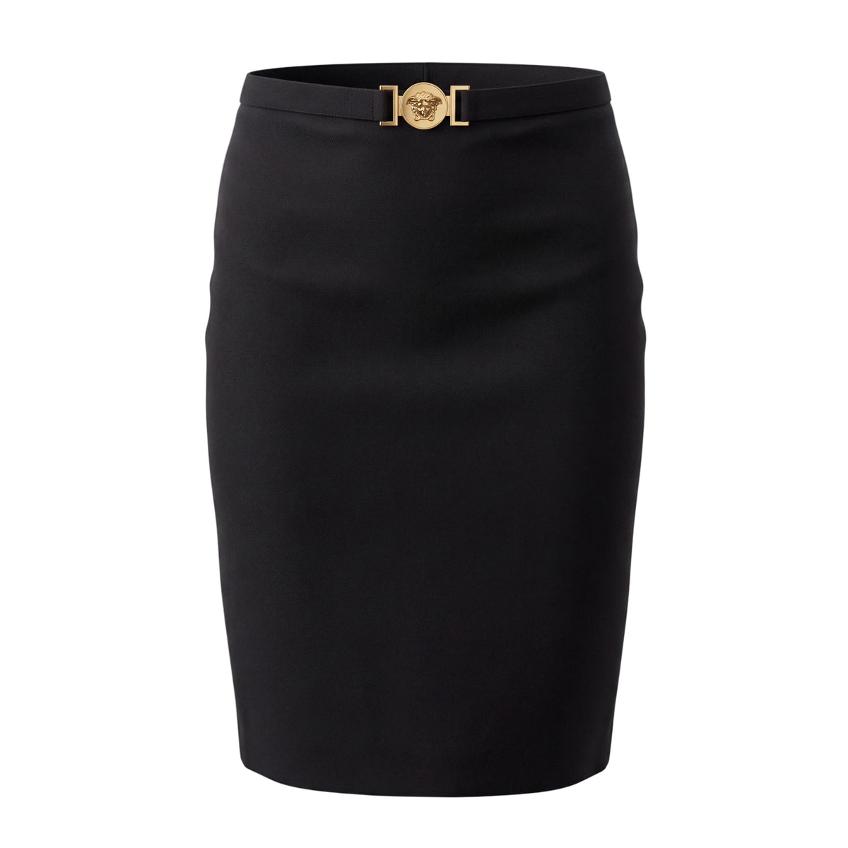 VERSACE BLACK SKIRT WITH GOLD MEDUSA BELT DETAIL - SIZE 40