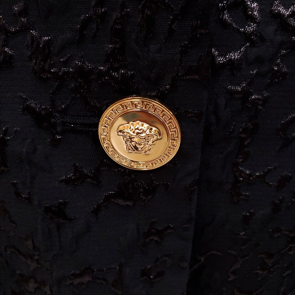 VERSACE BLACK TEXTURED JACKET WITH GOLD LOGO BUTTONS - SIZE 44