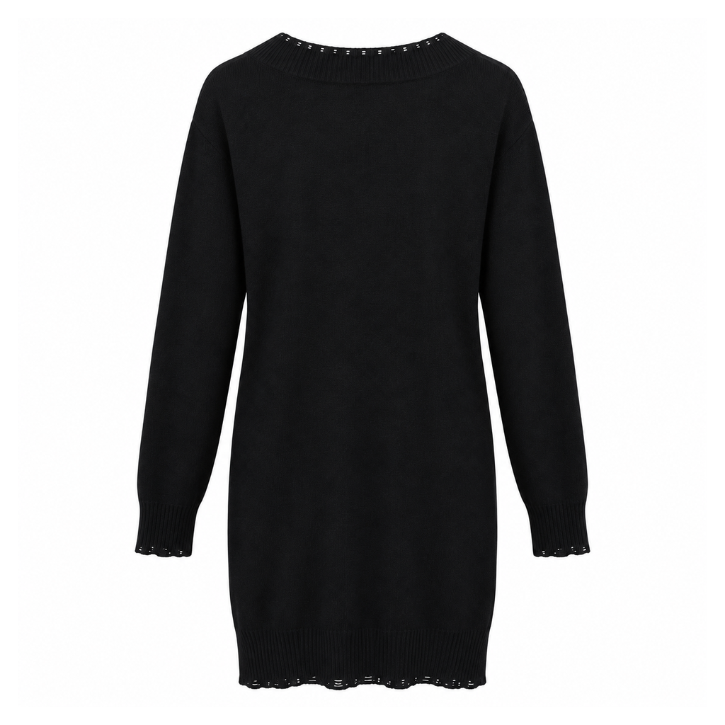 VERSACE BLACK V-NECK DISTRESSED DETAIL TUNIC SWEATER - SIZE 36
