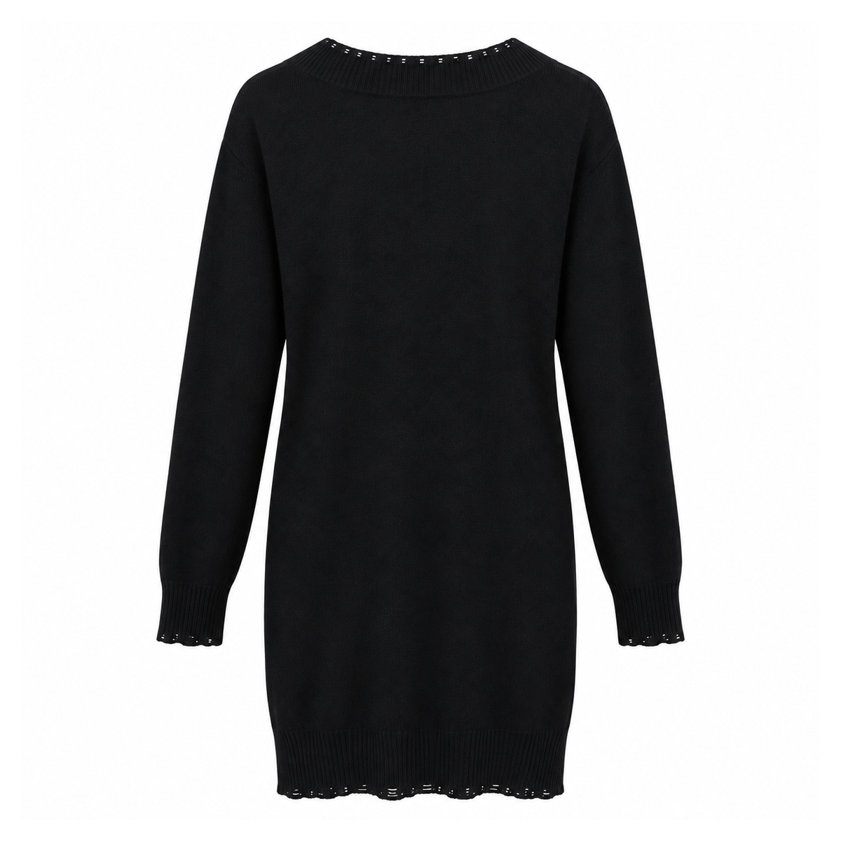 VERSACE BLACK V-NECK DISTRESSED DETAIL TUNIC SWEATER - SIZE 36