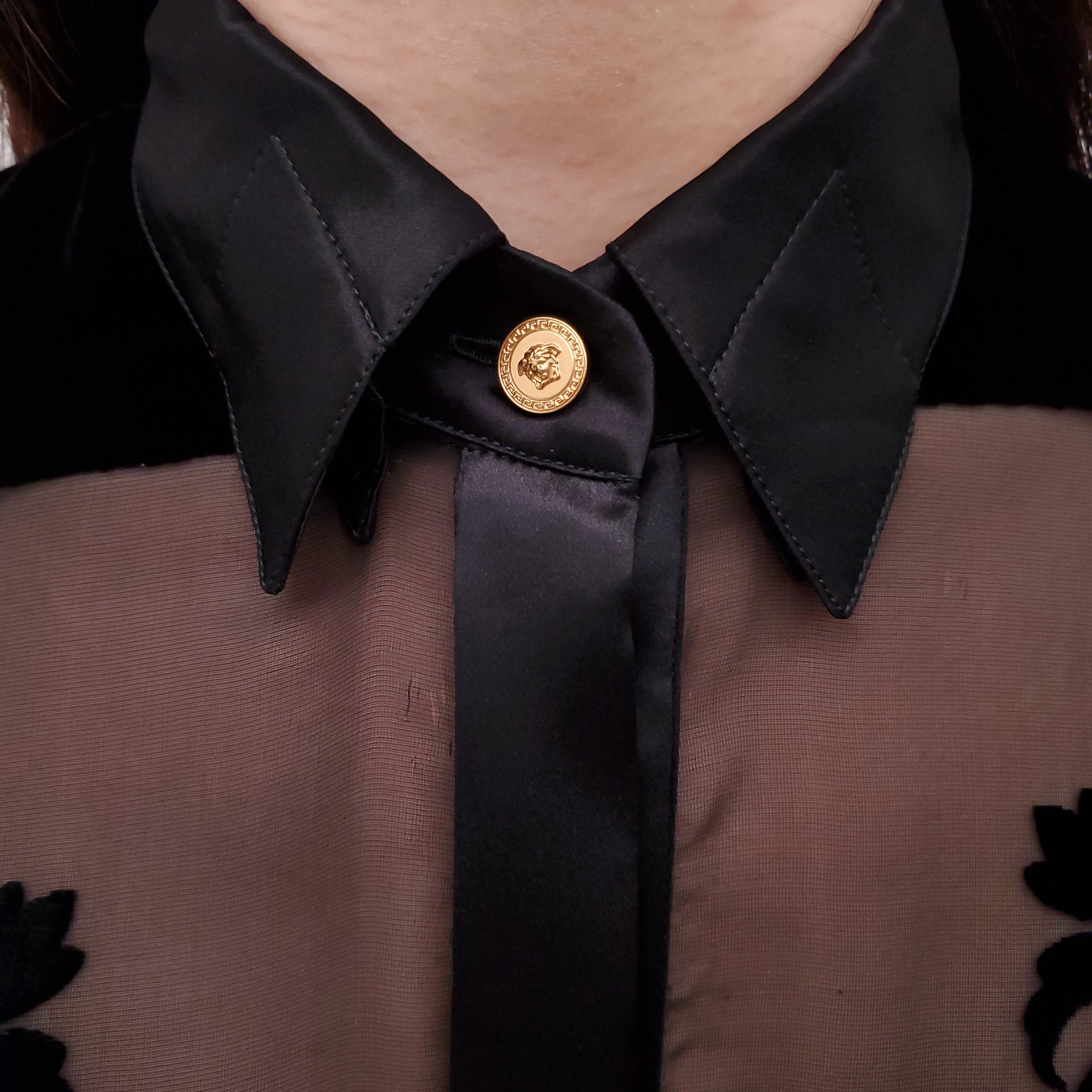 VERSACE BLACK VELVET BLOUSE WITH MEDUSA BUTTONS - SIZE 38