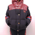 VERSACE BLACK, RED AND BLUE PATTERNED LOGO PUFFER JACKET WITH MEDUSA BUTTONS - SIZE 42