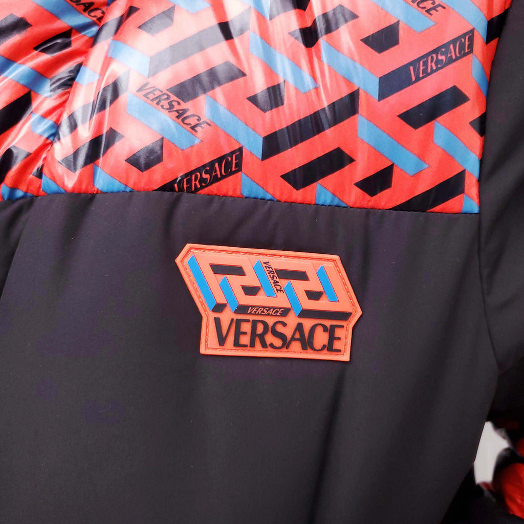 VERSACE BLACK, RED AND BLUE PATTERNED LOGO PUFFER JACKET WITH MEDUSA BUTTONS - SIZE 42
