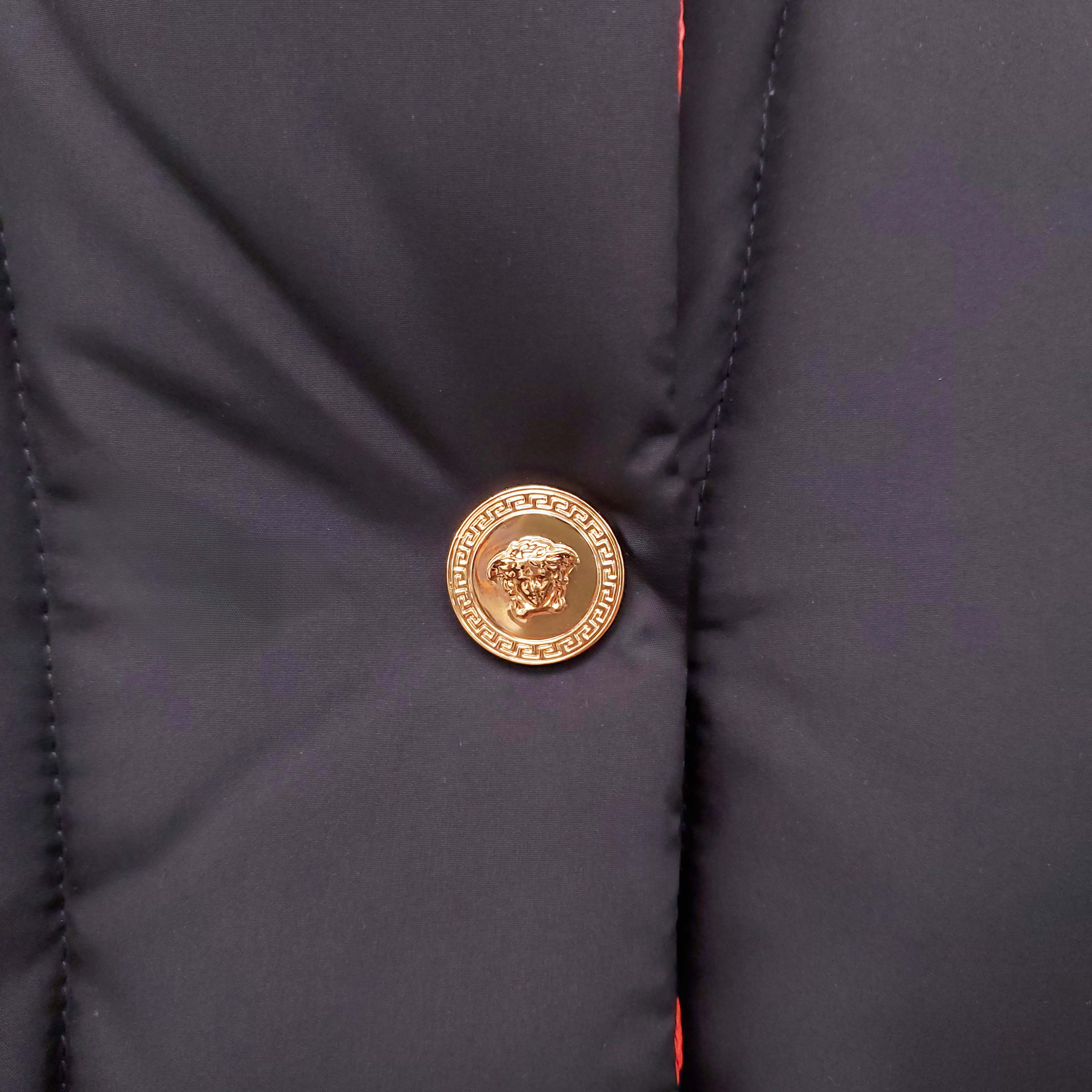 VERSACE BLACK, RED AND BLUE PATTERNED LOGO PUFFER JACKET WITH MEDUSA BUTTONS - SIZE 42